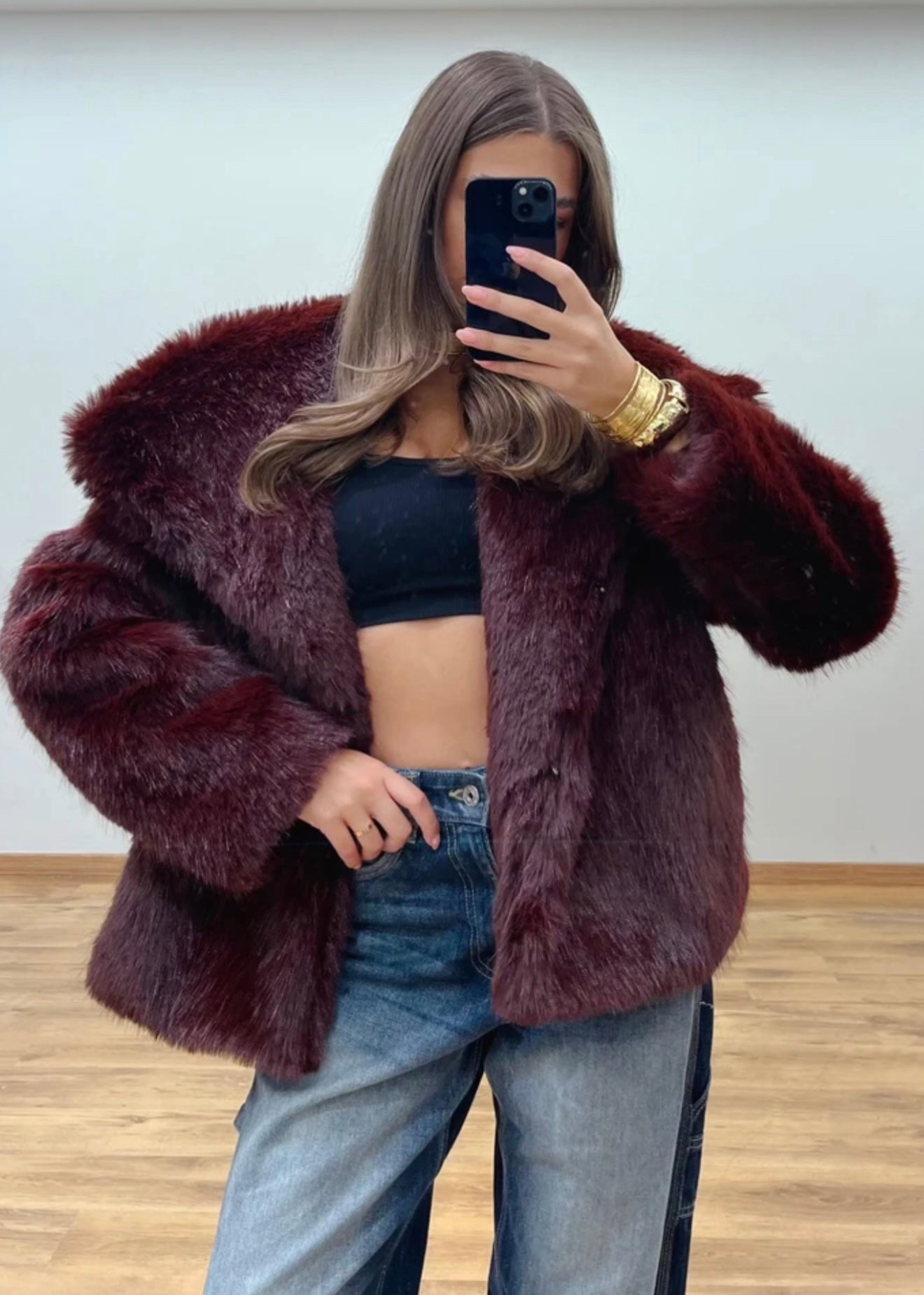 IYLA Faux Fur Collar Jacket Burgundy
