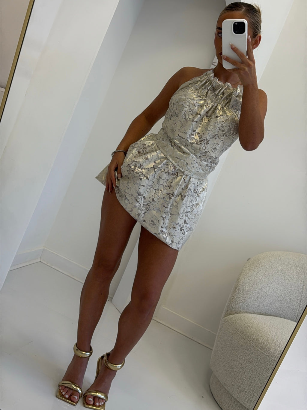 CHLOÈ Bespoke Gold Foil Lace Halter Neck Two Piece