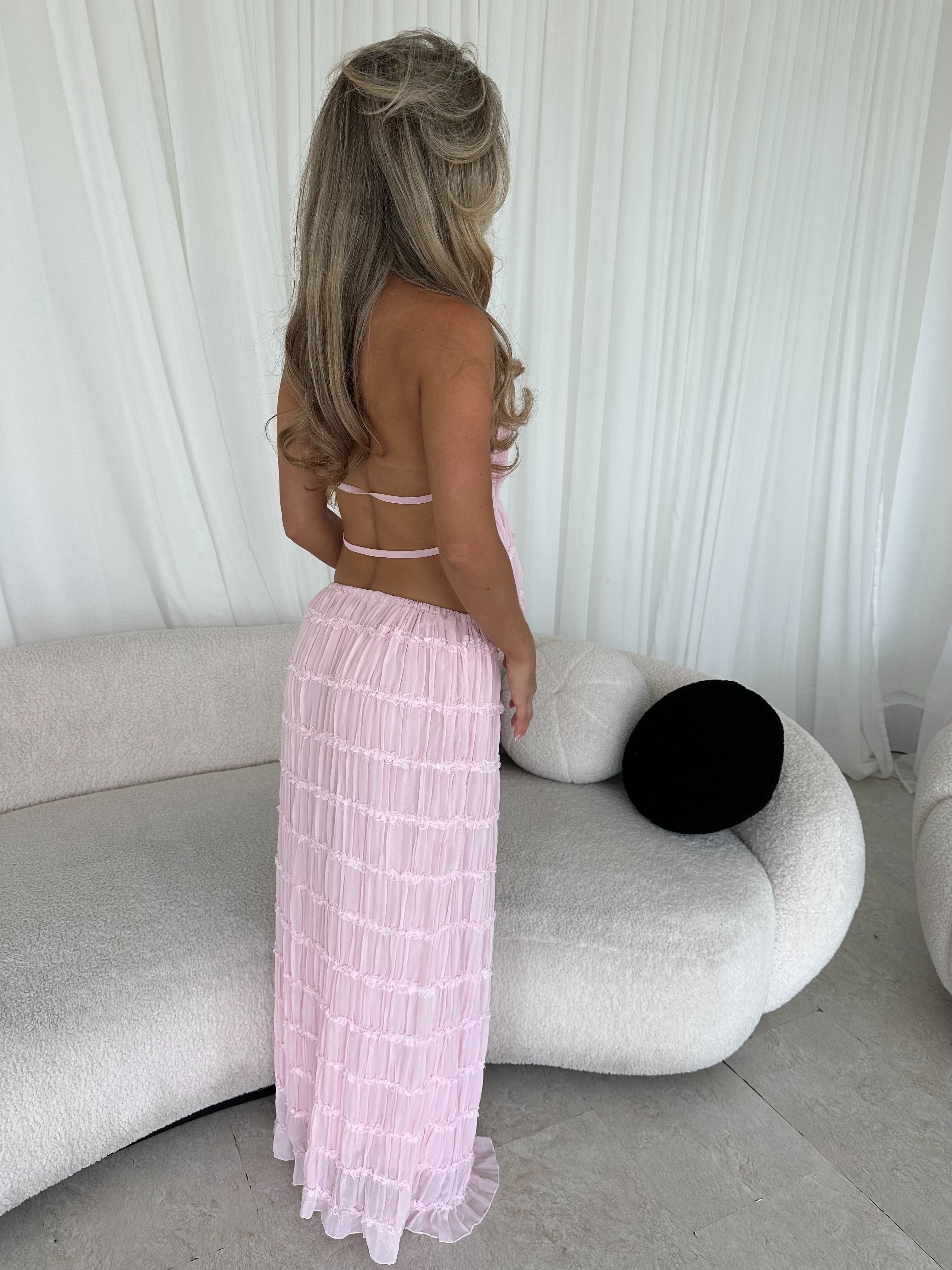 ELVA Chiffon Ruched Open Back Maxi Two Piece Baby Pink