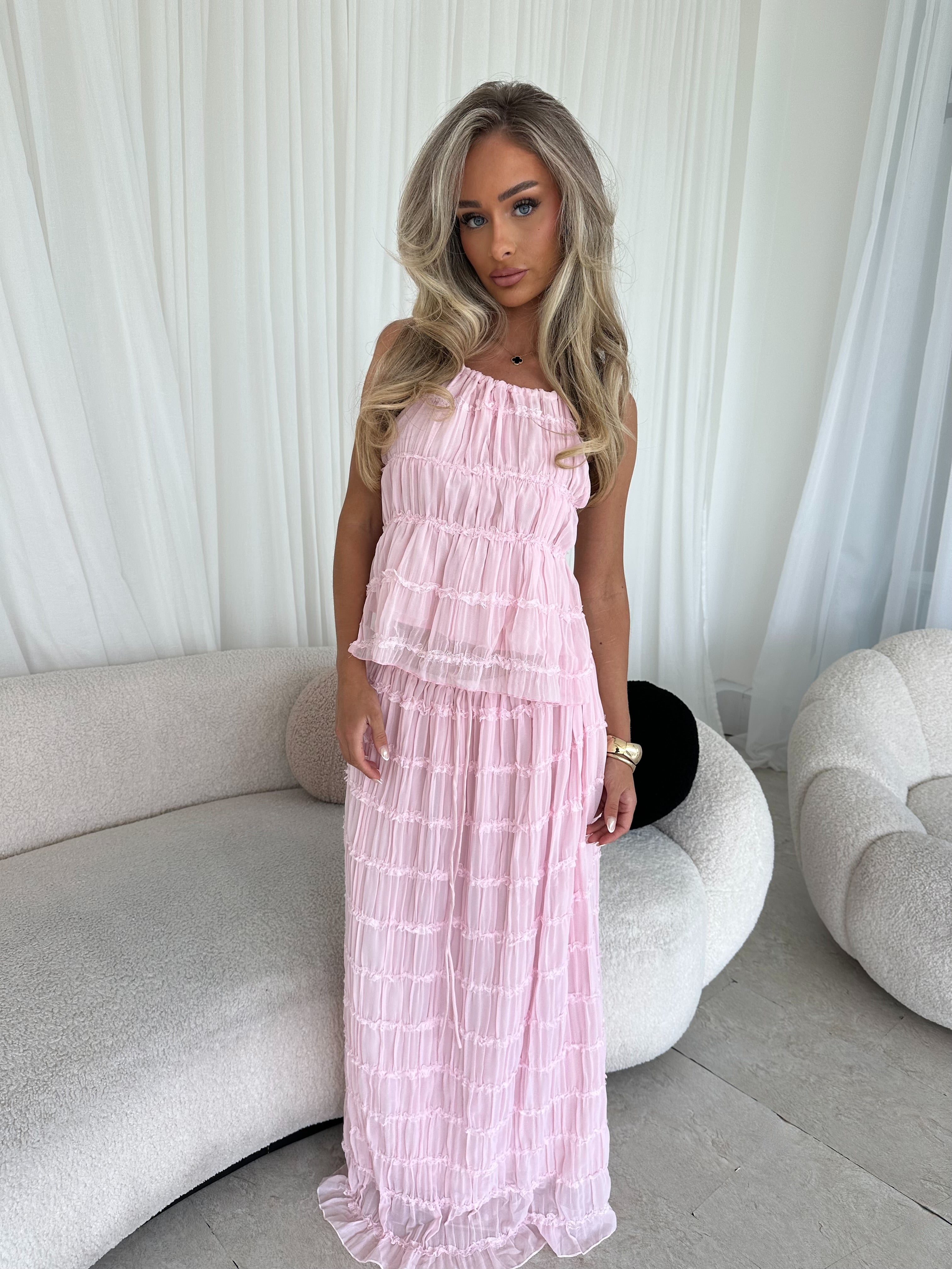 ELVA Chiffon Ruched Open Back Maxi Two Piece Baby Pink