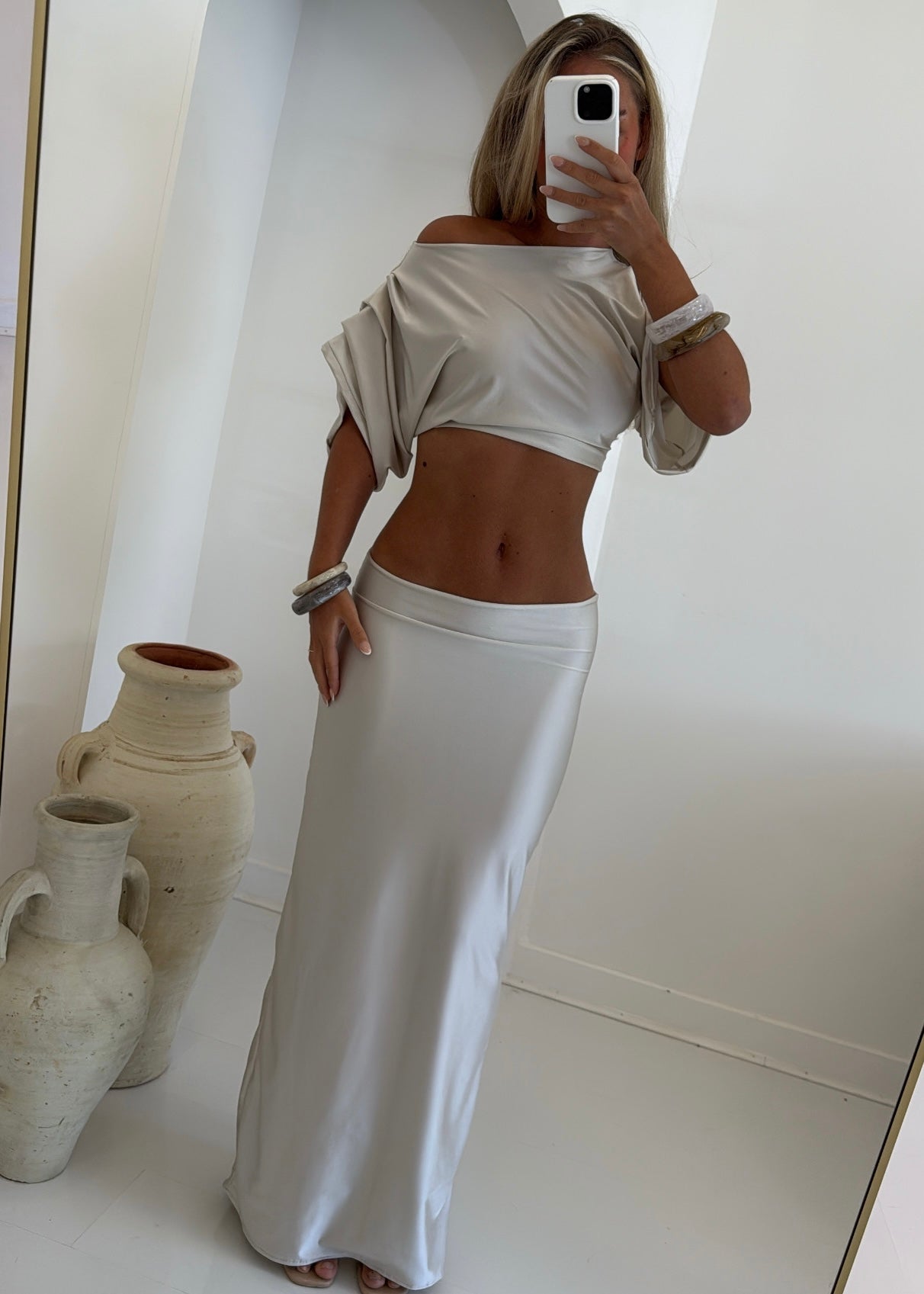PEARLA Bespoke Sheen Sculpt Maxi Two Piece Champagne