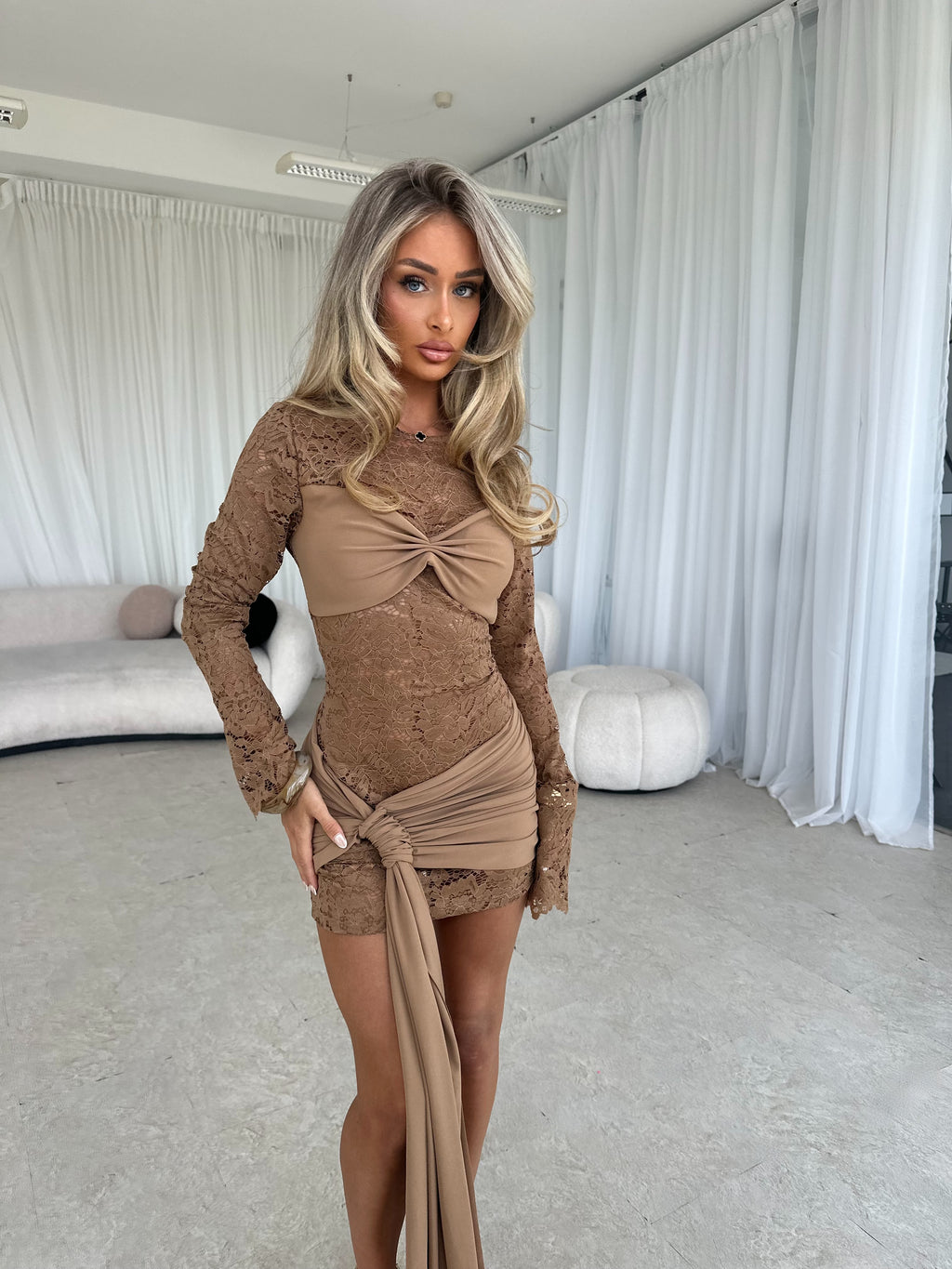 AVRIL Lace Drape Mini Dress Mocha