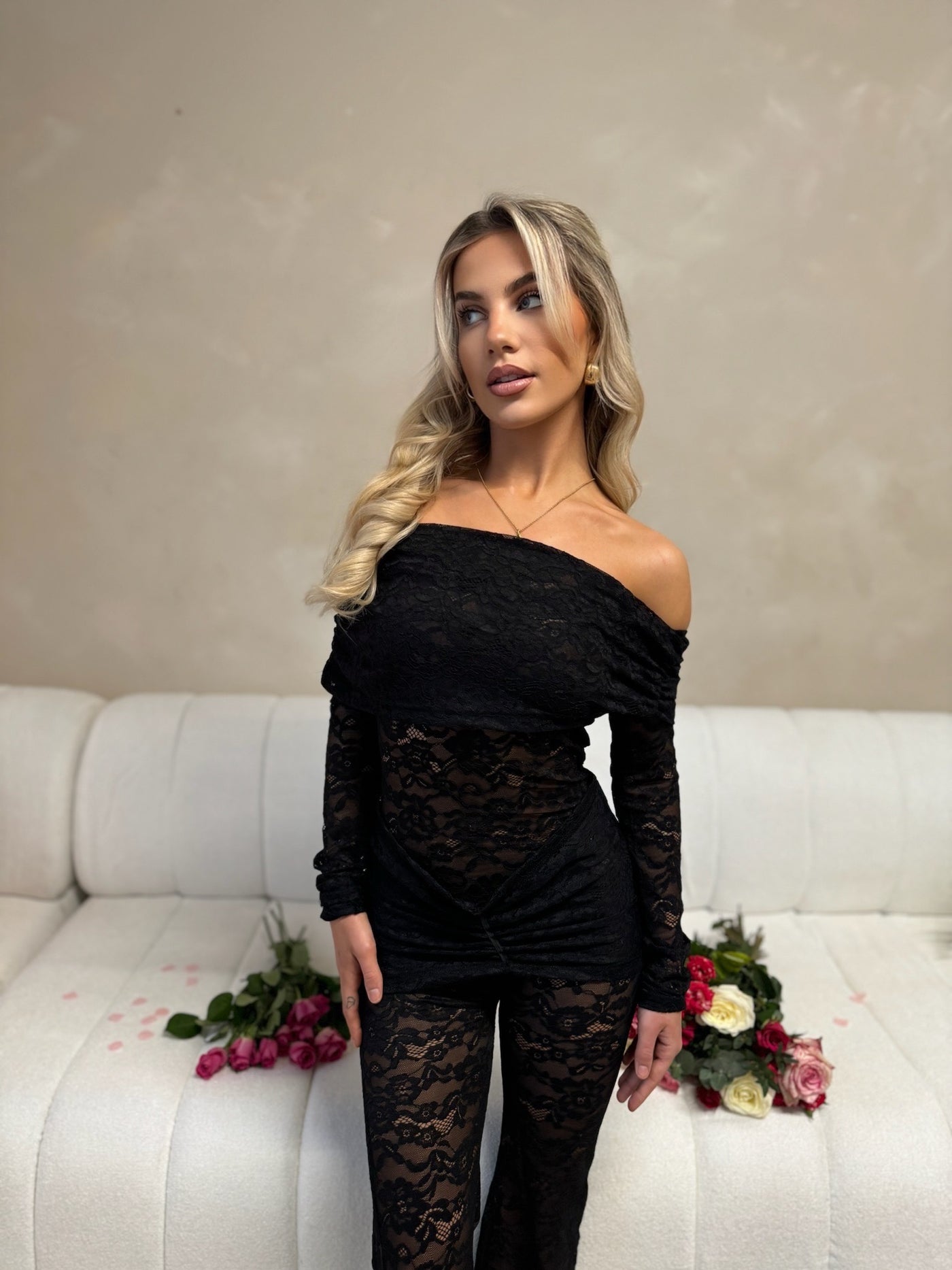 CRYSTEL Lace Bardot Jumpsuit Tie Detail