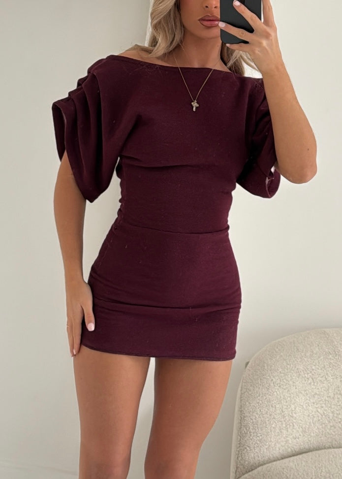 ASHA Bespoke Ruched Sleeve Mini Dress Burgundy