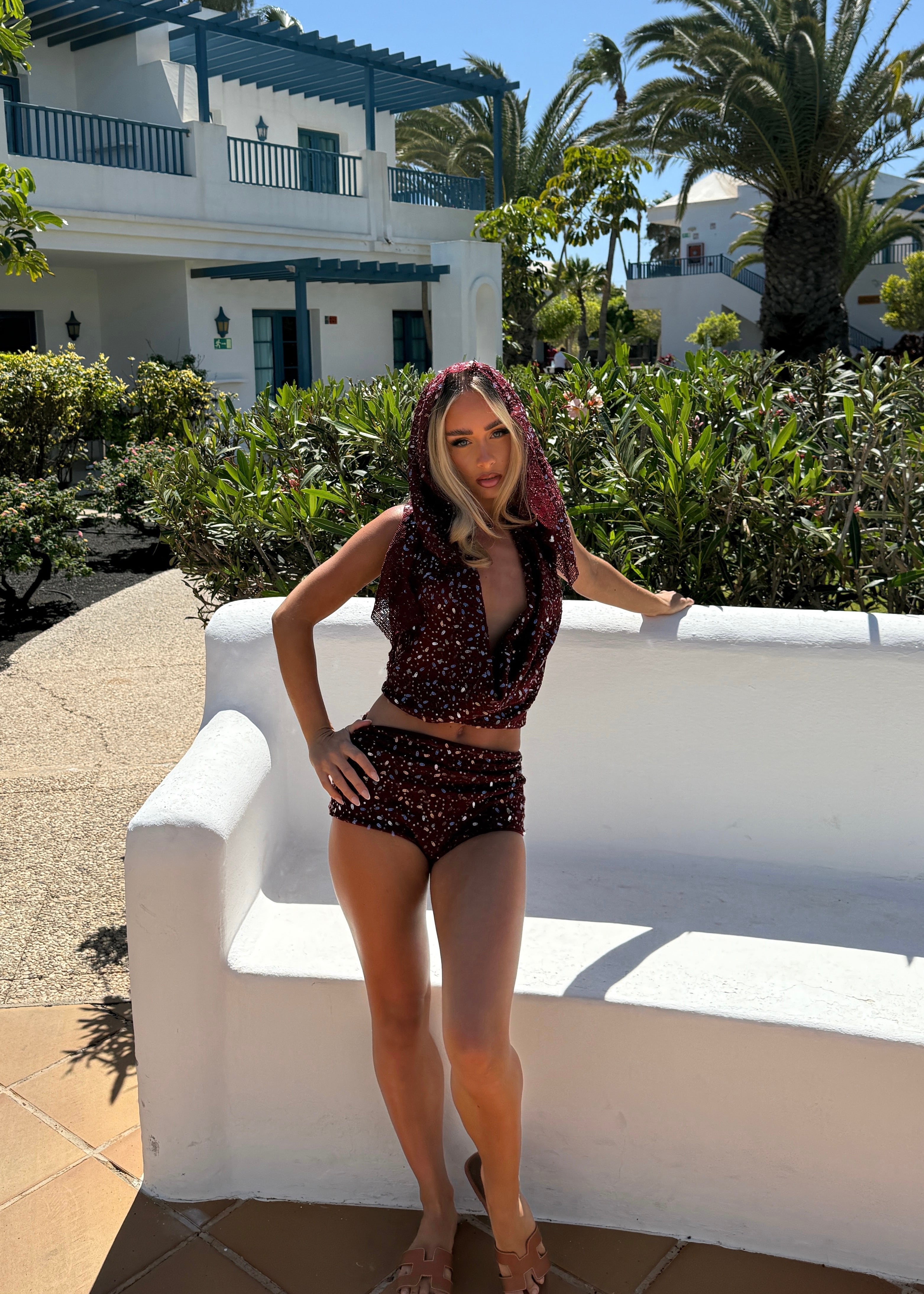 SOLIEL Bespoke Knit Sequin Cowl Neck 3 Piece Burgundy