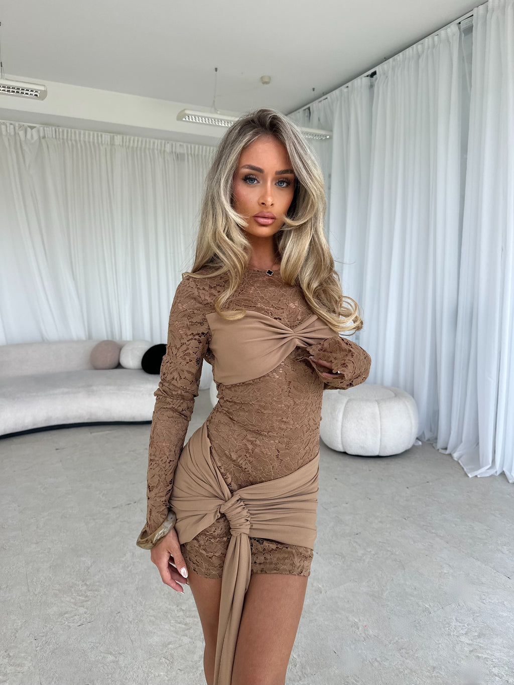 AVRIL Lace Drape Mini Dress Mocha