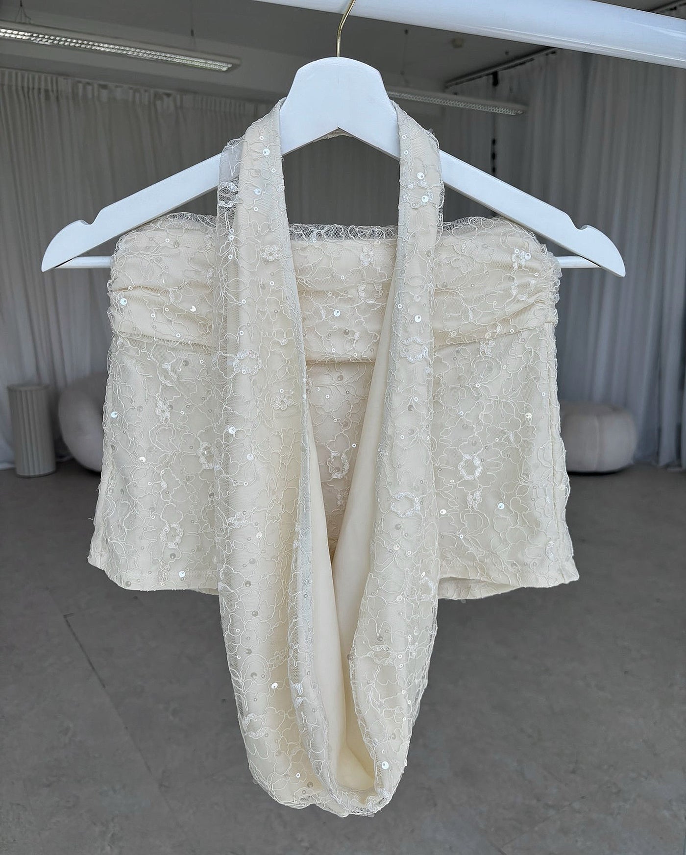 ANGELÈ Lace Sequin Cowl Neck Top Cream