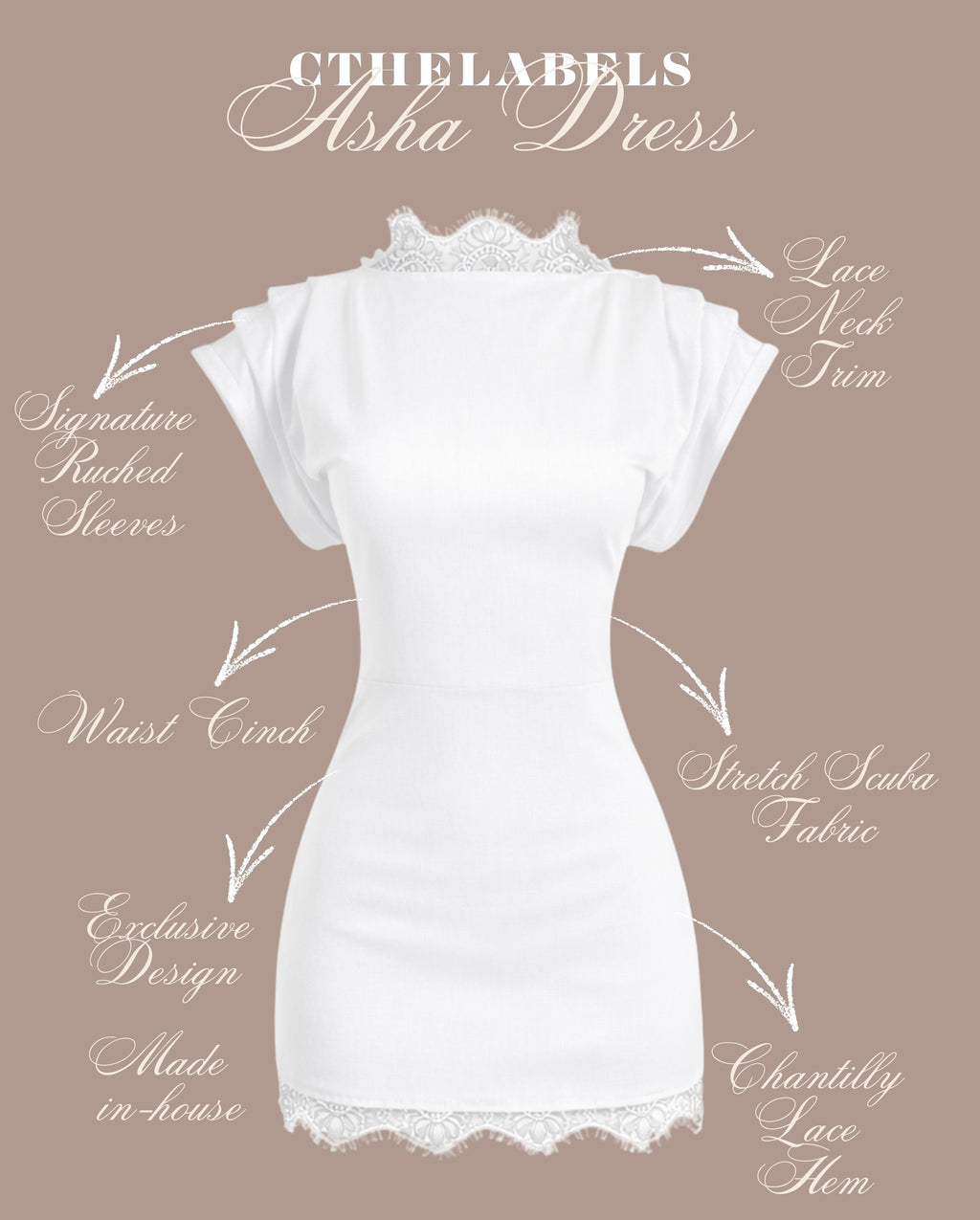 ASHA Bespoke Ruched Sleeve Chantilly Lace Trim Dress White