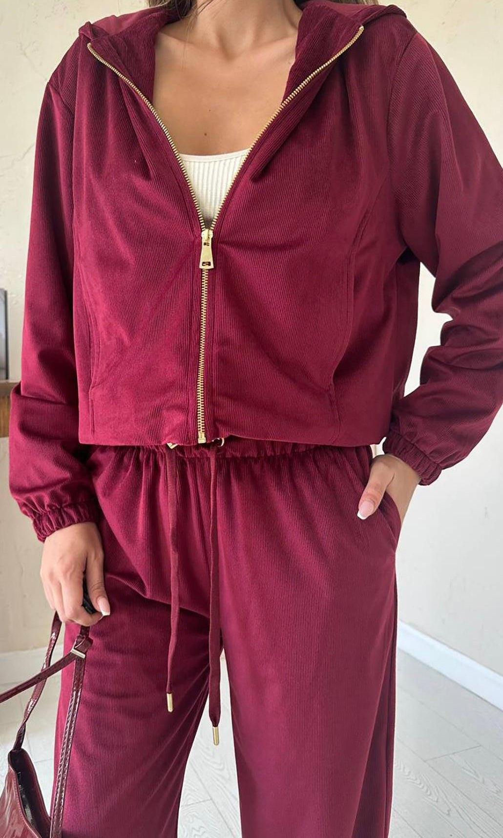 SEREN Premium Lightweight Ribbed Velvet Adjustable Tracksuit Burgundy