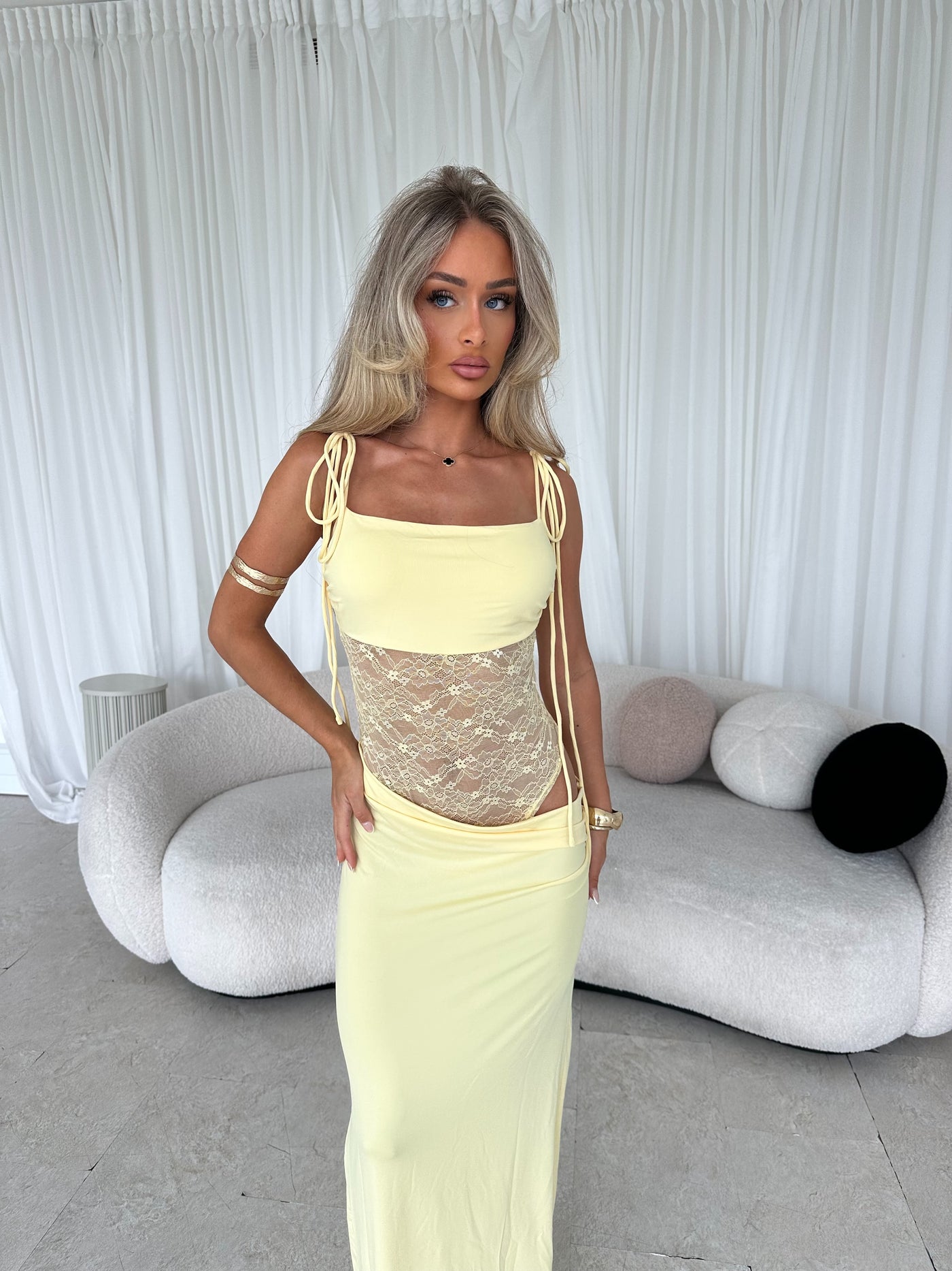 EMILLY Lace Cut Out Tie Detail Maxi Dress Lemon