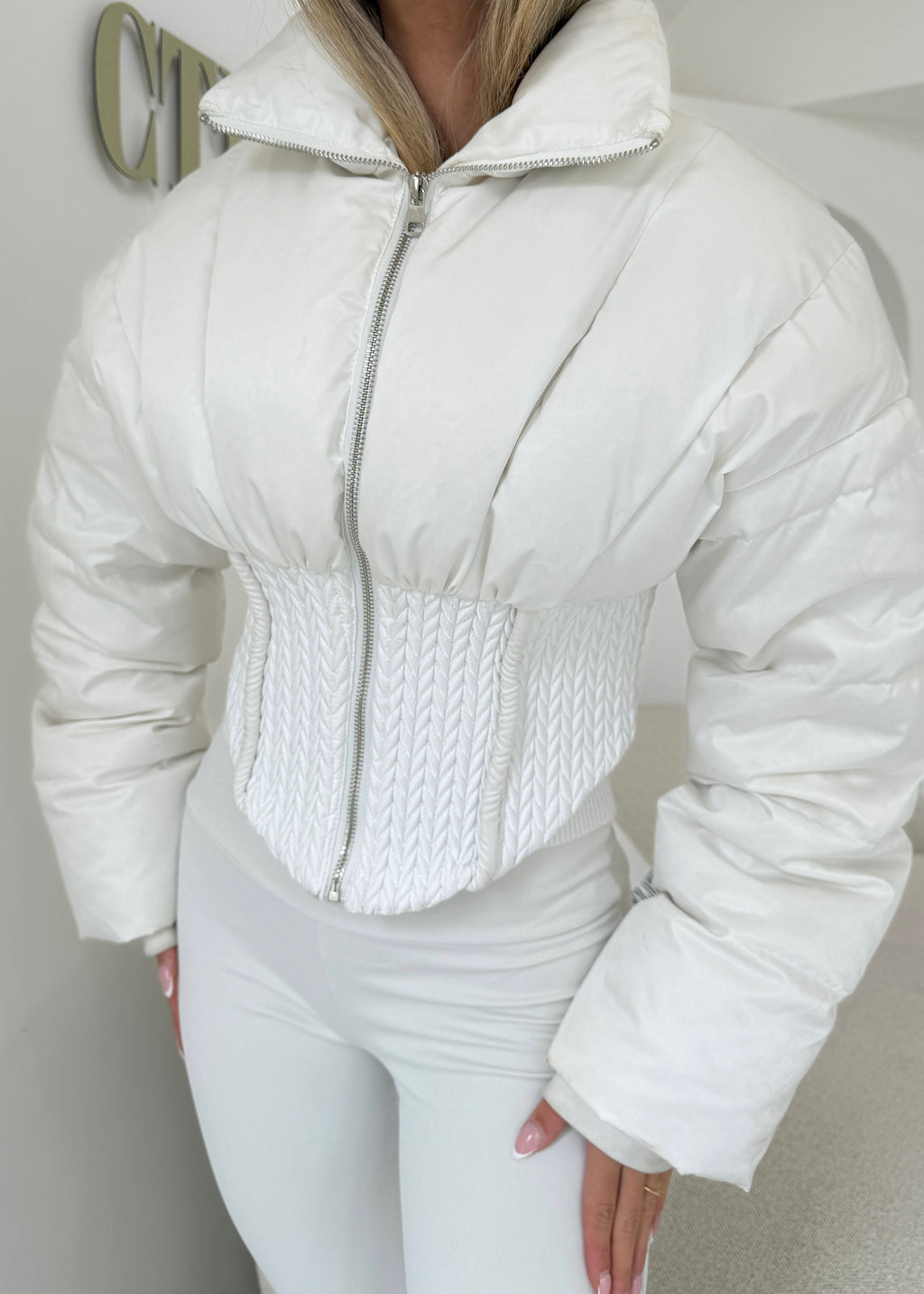 CINCH Weave Detail Corset Puffer Jacket White