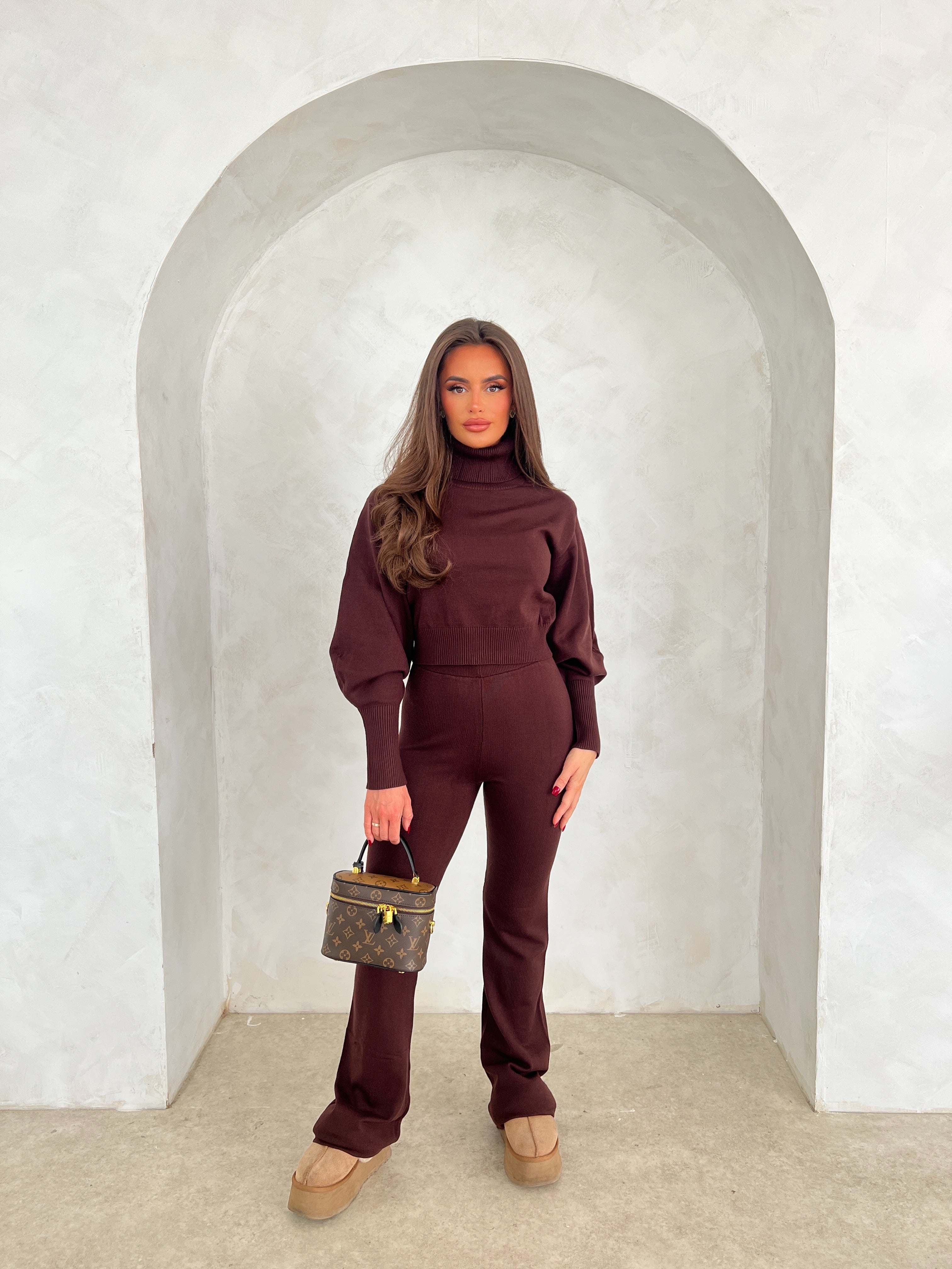 RENAE Premium Knit Button Detail Two Piece Brown