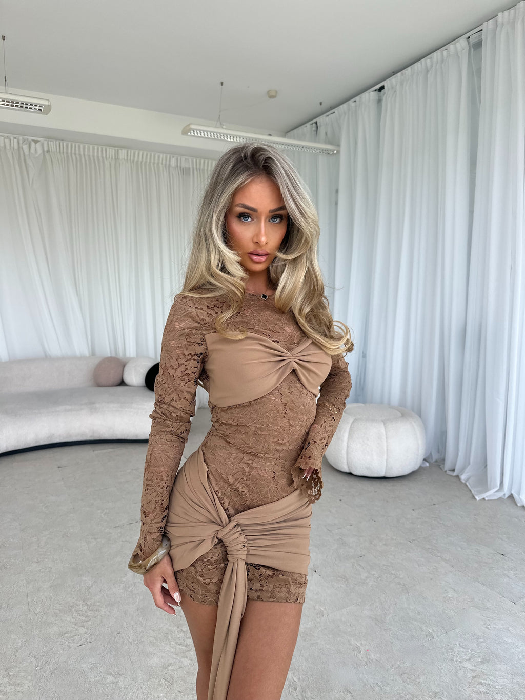 AVRIL Lace Drape Mini Dress Mocha