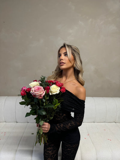 CRYSTEL Lace Bardot Jumpsuit Tie Detail