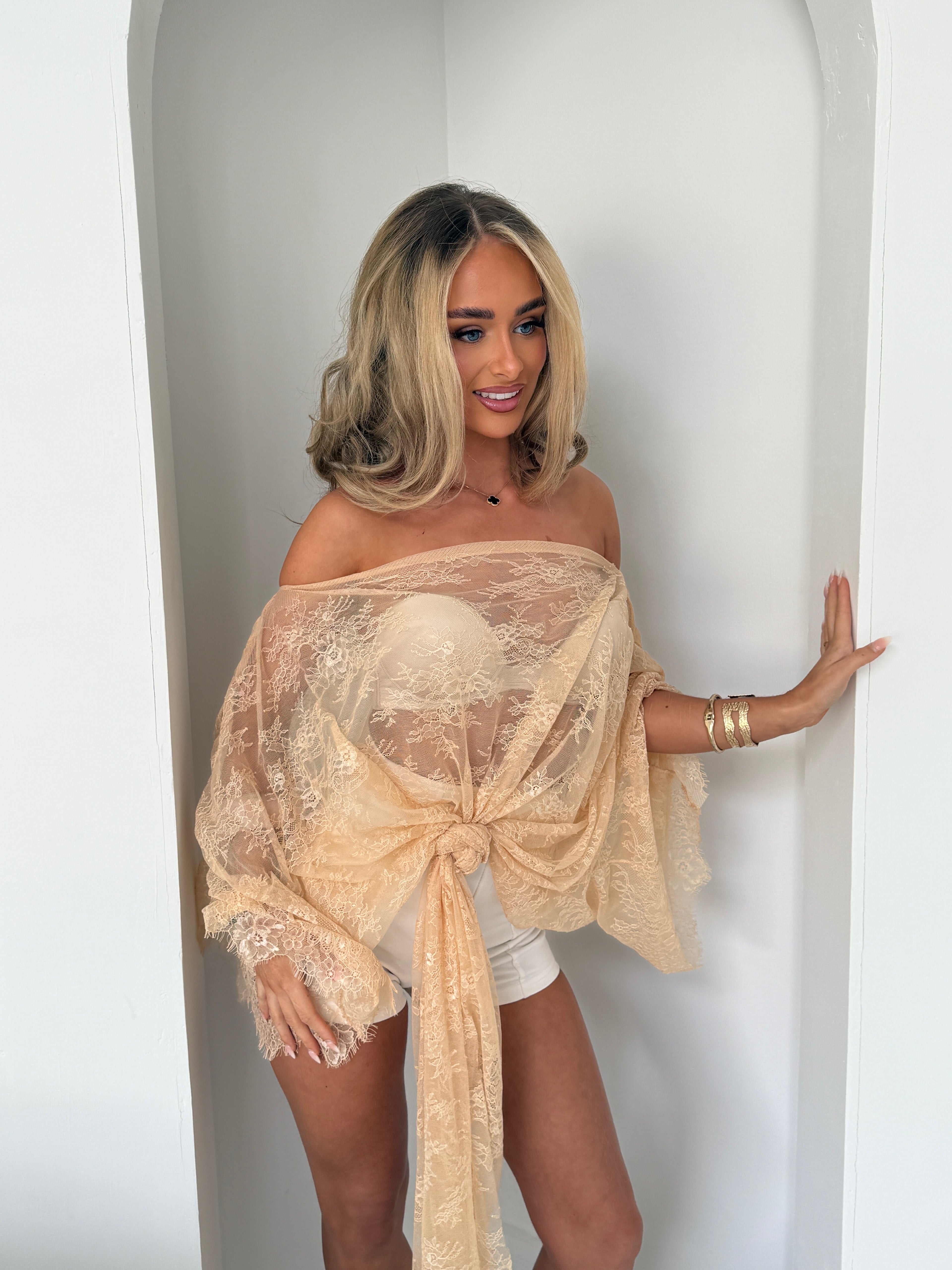 CAPRI Chantilly Lace Trim Knot Cape Top Champagne Orange