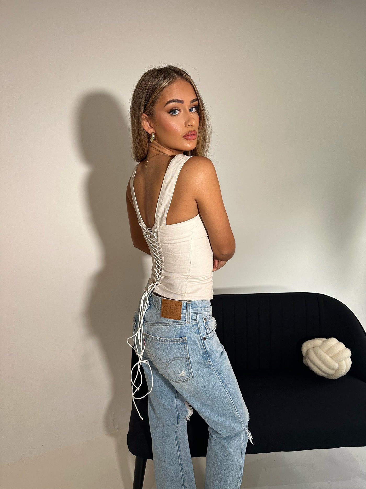 MAYE Lace Back Denim Corset Cream