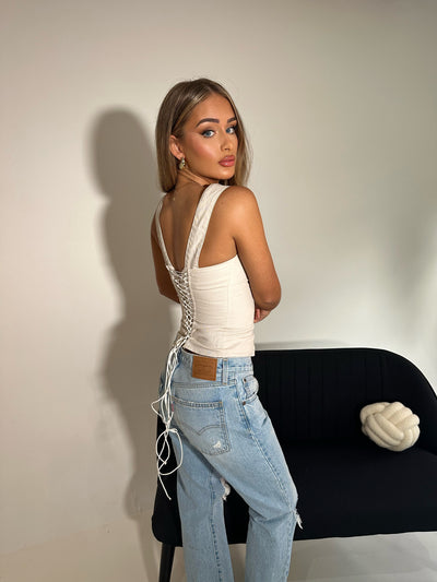 MAYE Lace Back Denim Corset Cream