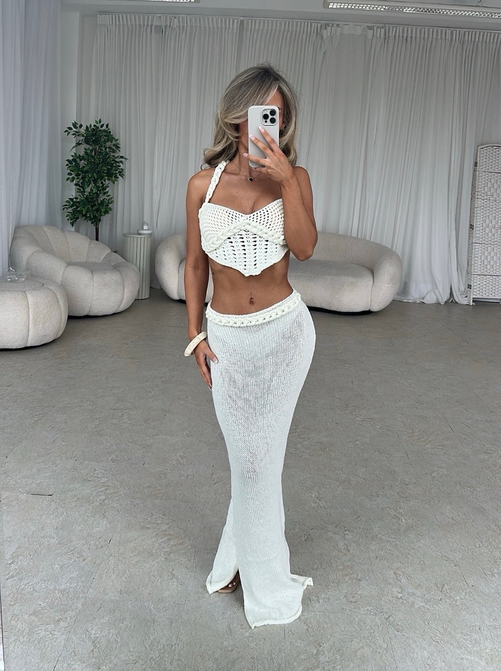 KOKO Crochet Knit Twist Rope Two Piece Cream