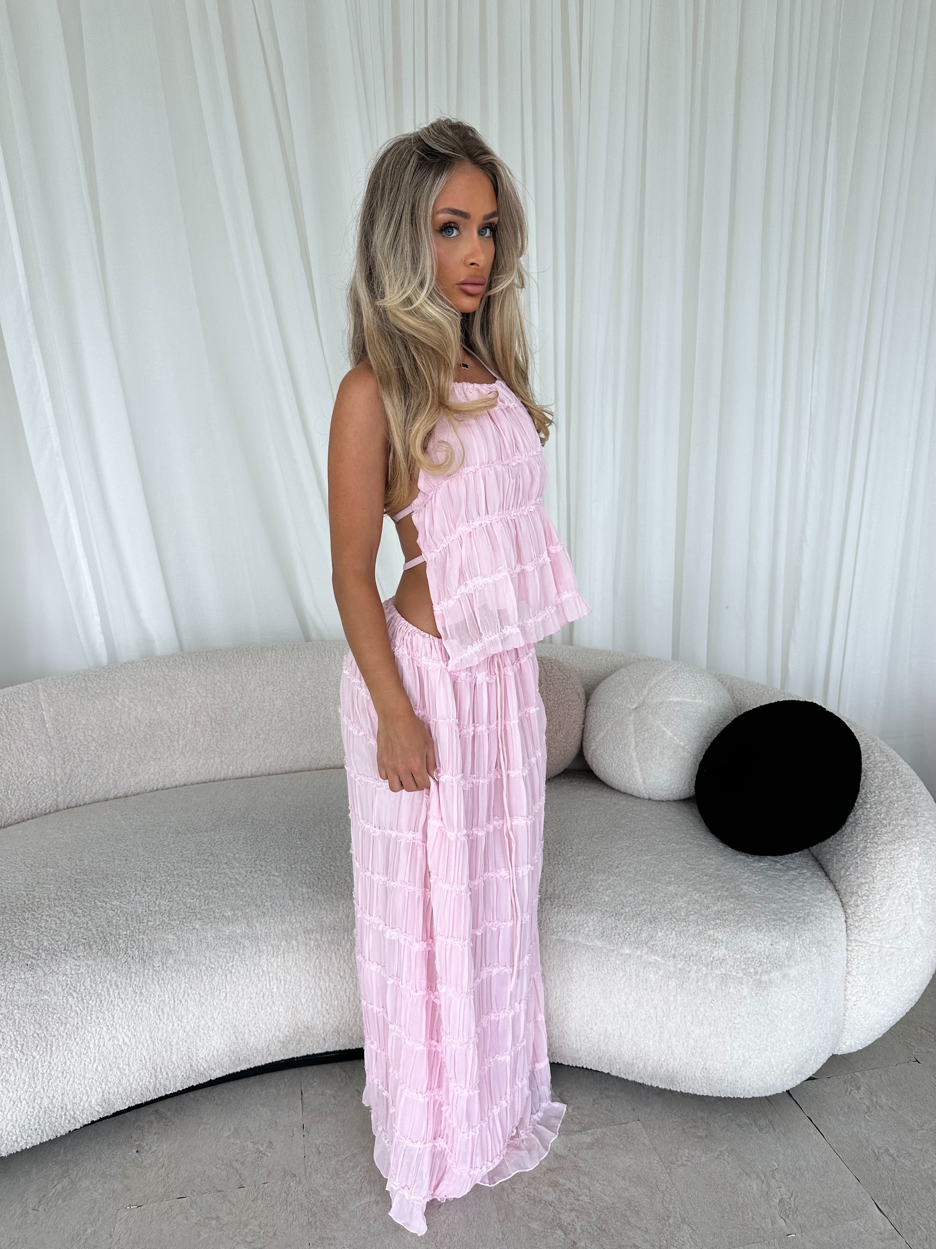 ELVA Chiffon Ruched Open Back Maxi Two Piece Baby Pink