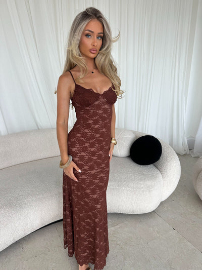 BELLA Lace Cup Detail Maxi Dress Rust Brown