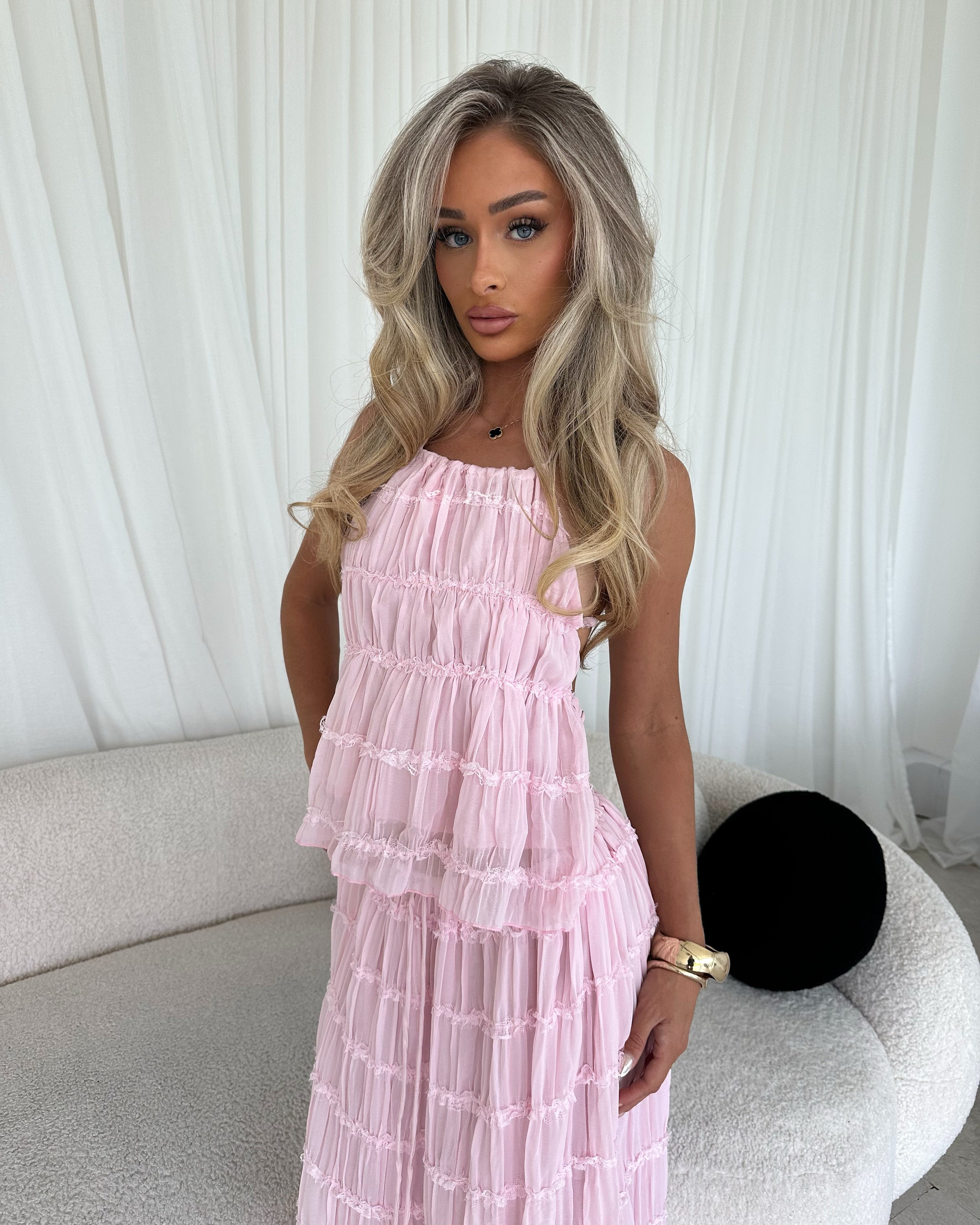 ELVA Chiffon Ruched Open Back Maxi Two Piece Baby Pink