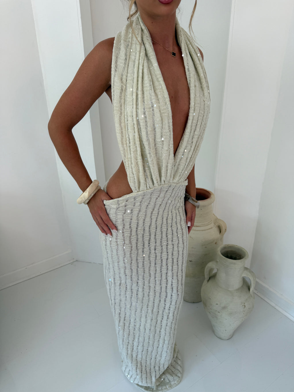 CANNES Bespoke Knit Sequin Plunge Maxi Dress Cream