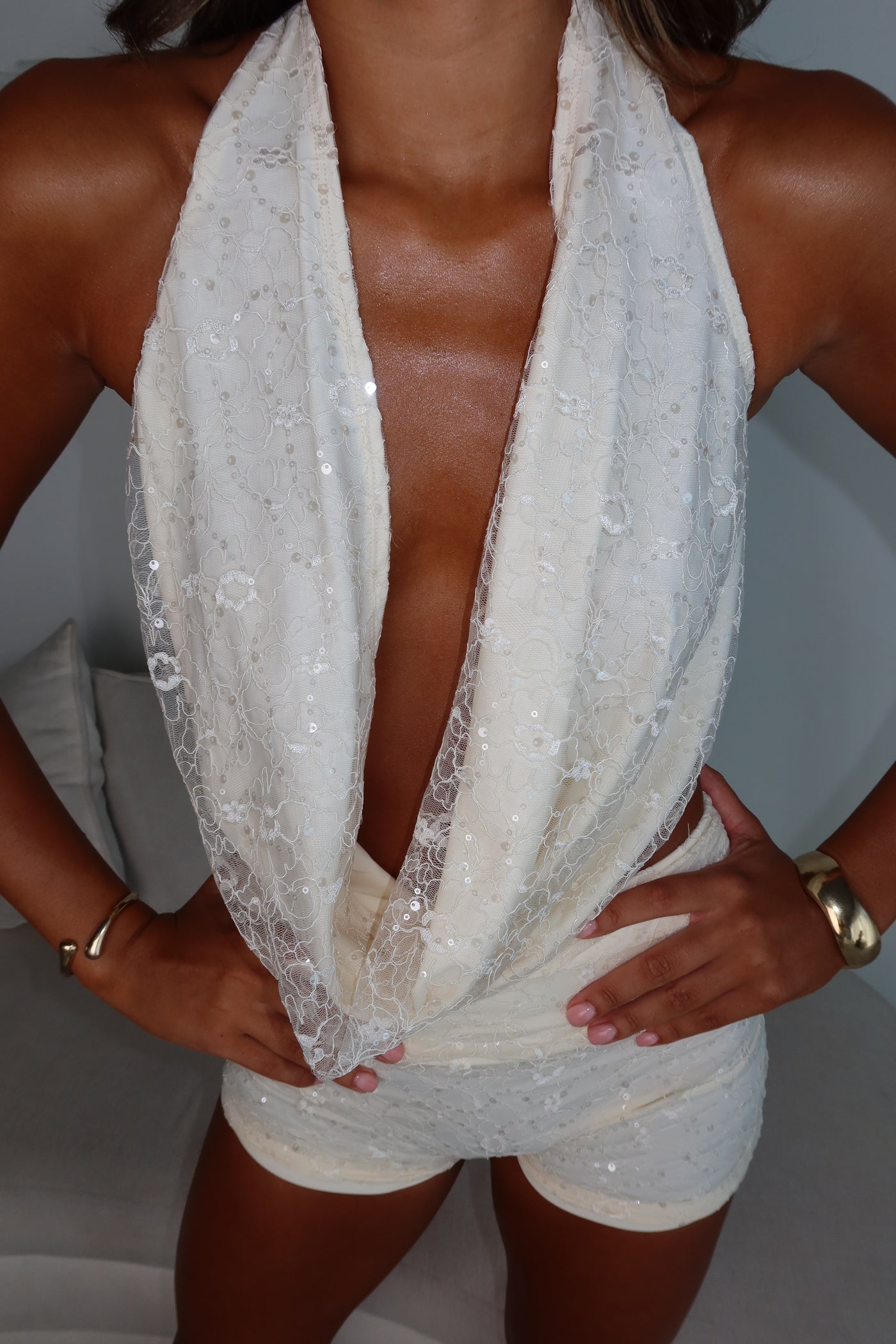 ANGELÈ Lace Sequin Cowl Neck Top Cream