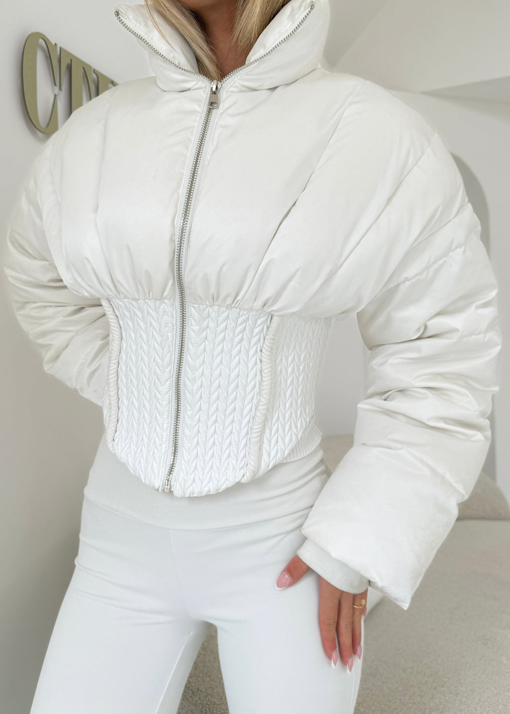CINCH Weave Detail Corset Puffer Jacket White