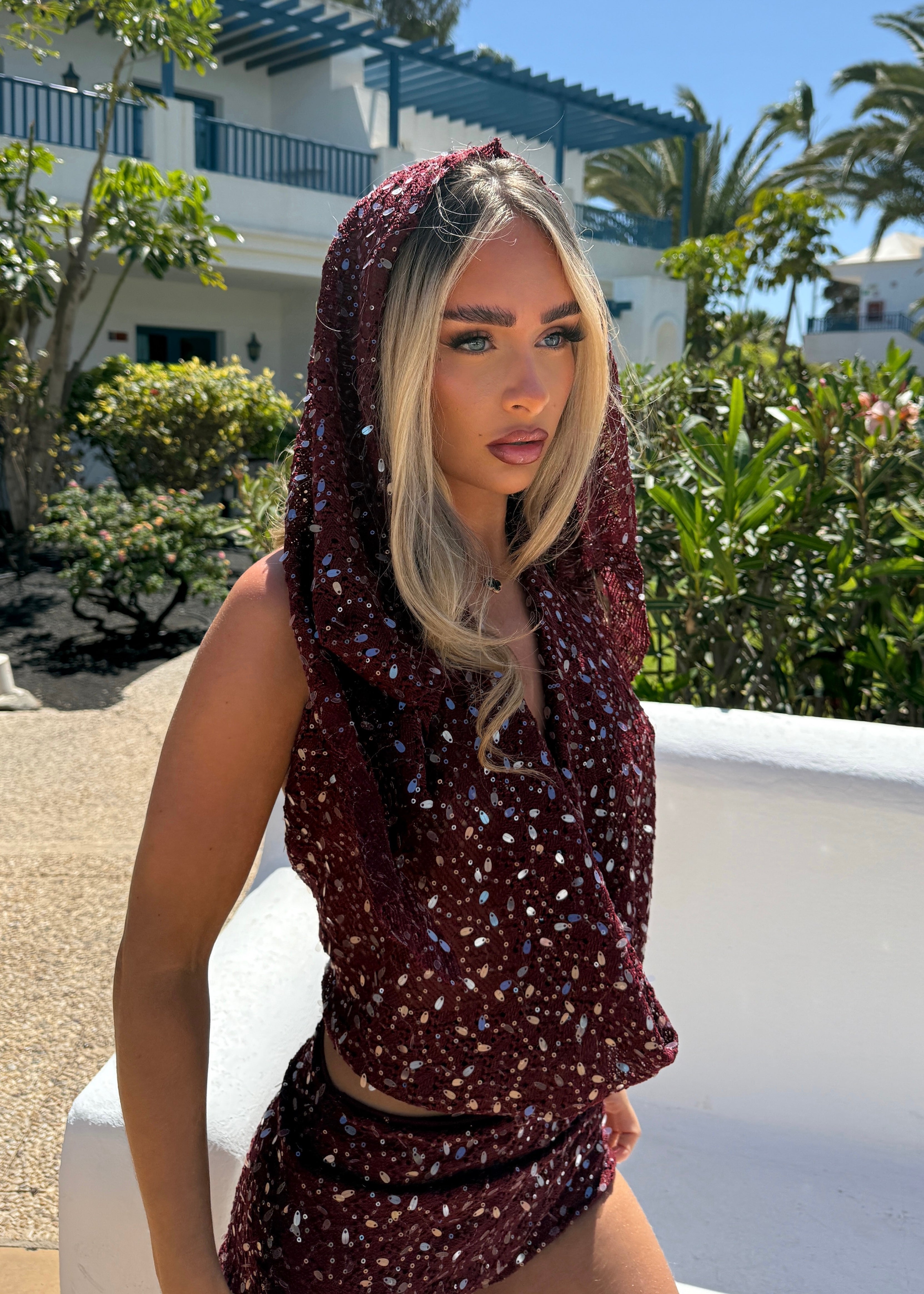 SOLIEL Bespoke Knit Sequin Cowl Neck 3 Piece Burgundy