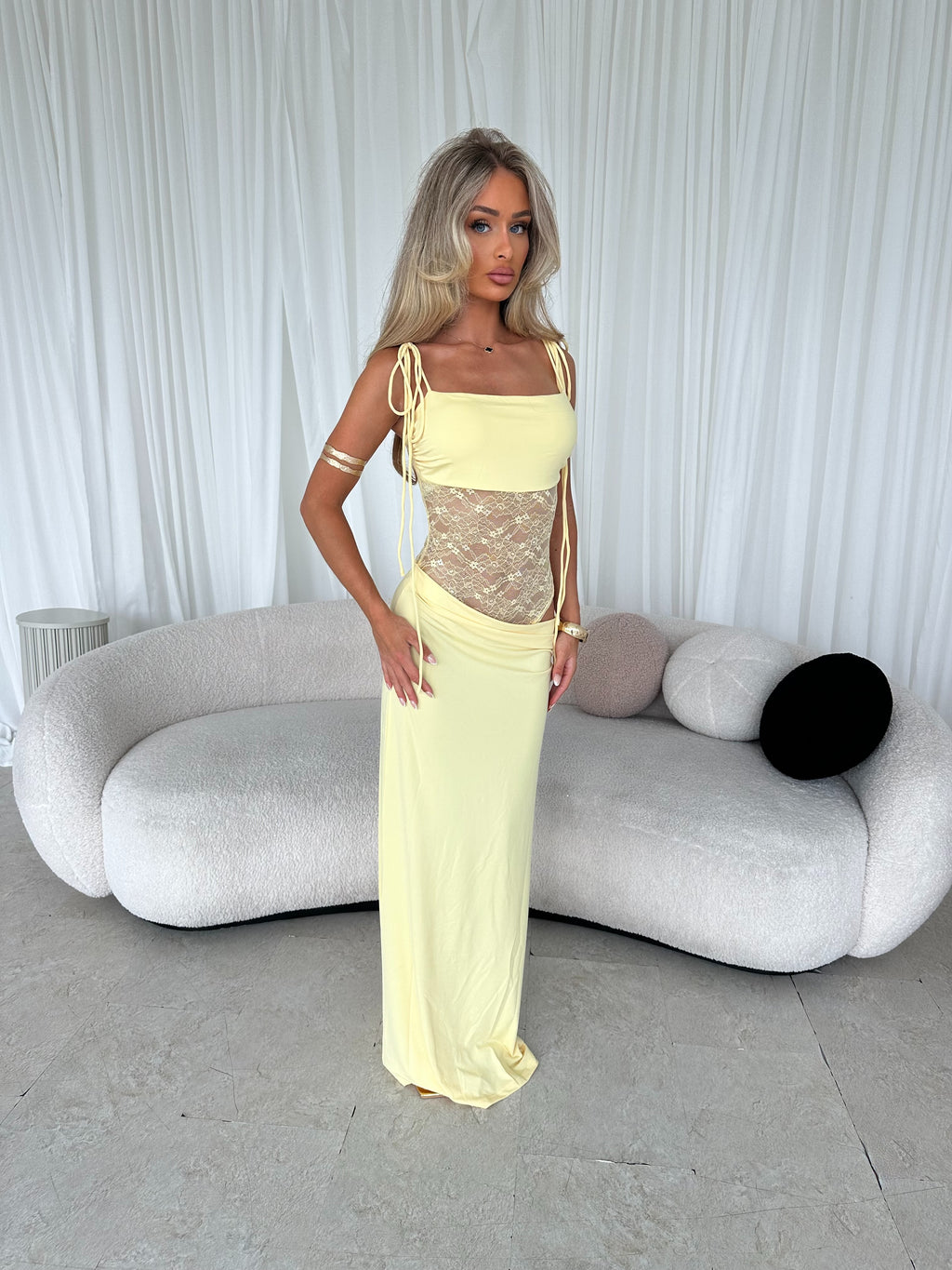 EMILLY Lace Cut Out Tie Detail Maxi Dress Lemon