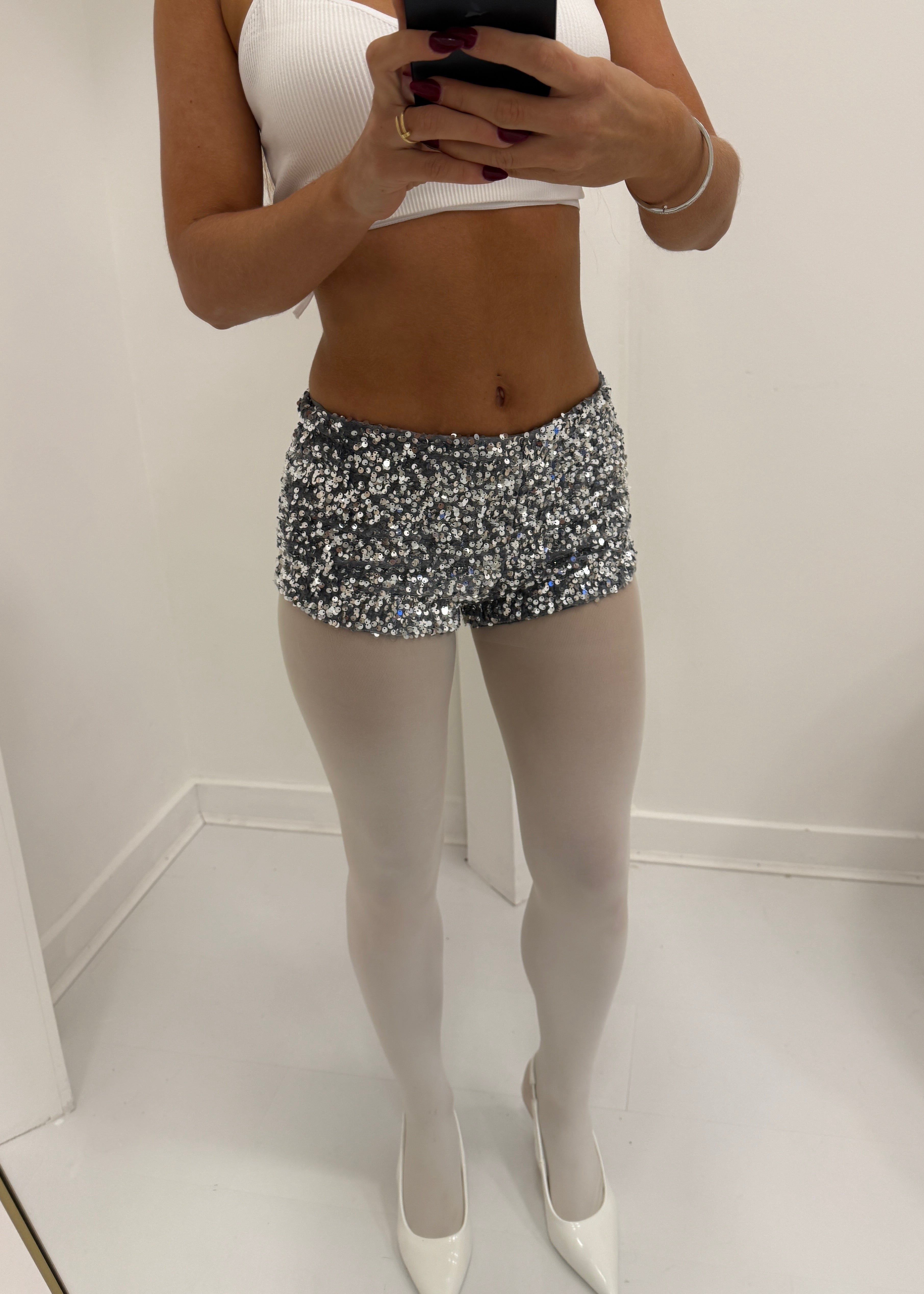 SASHA Bespoke Sequin Stretch Mini Shorts Charcoal