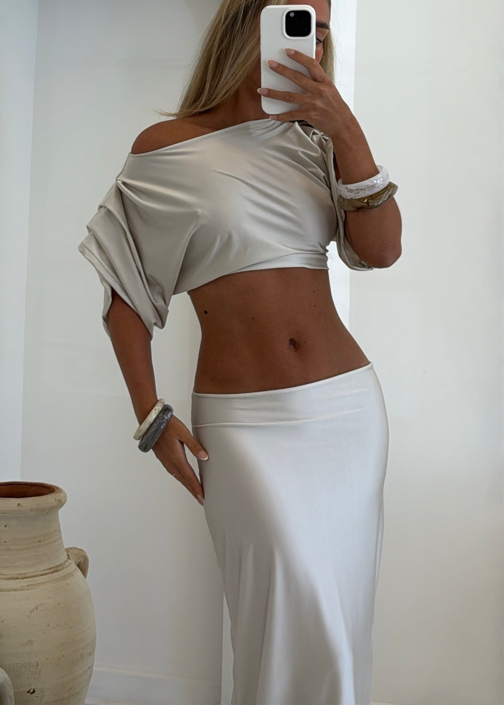 PEARLA Bespoke Sheen Sculpt Maxi Two Piece Champagne