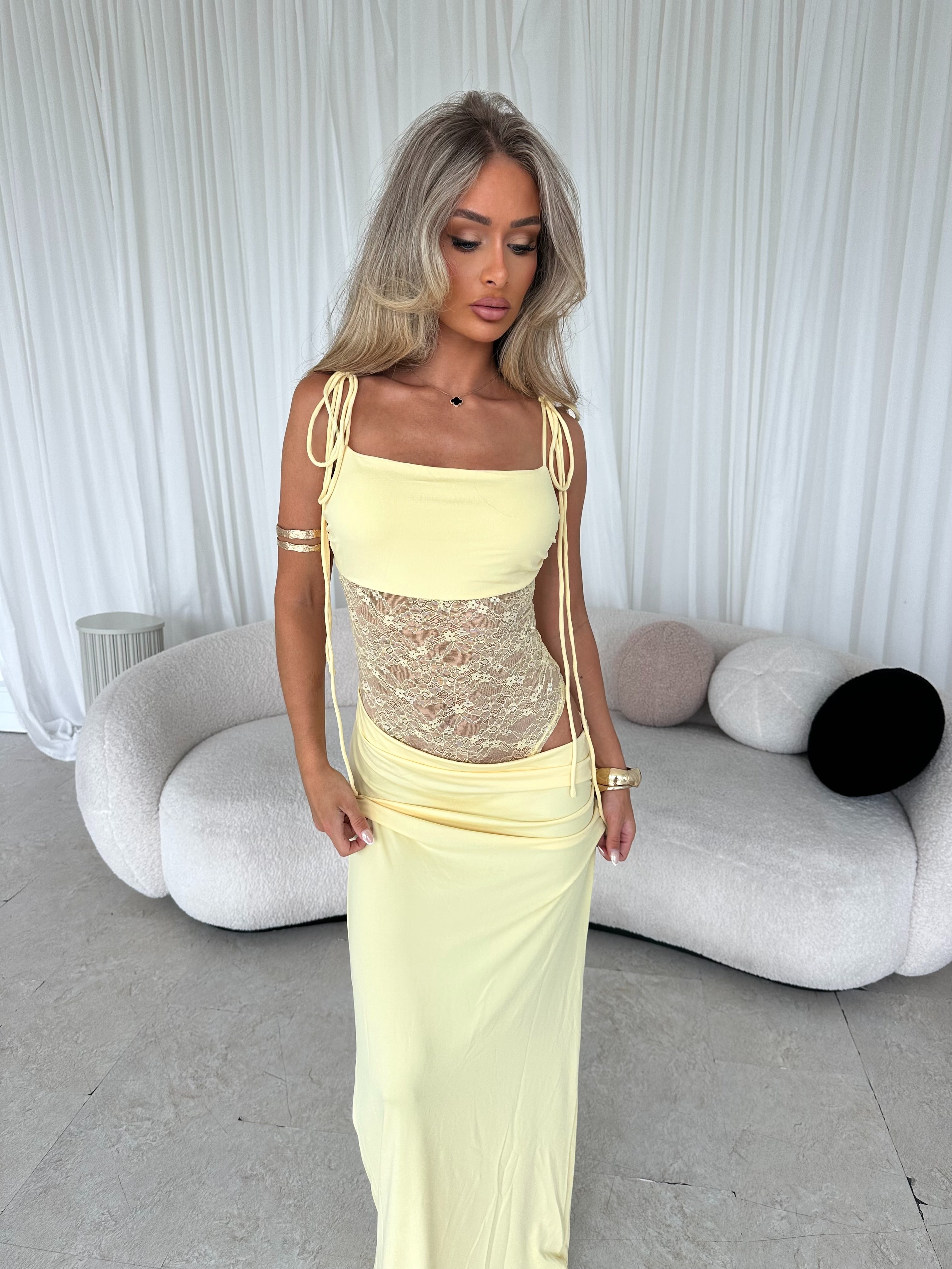 EMILLY Lace Cut Out Tie Detail Maxi Dress Lemon