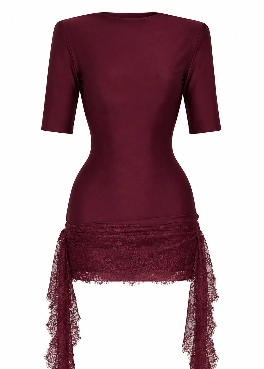 BORDEAUX Bespoke Shoulder Pad High Neck Drape Mini Dress