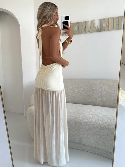 UNA Ruched Detail Mesh Maxi Halter Dress Butter Yellow