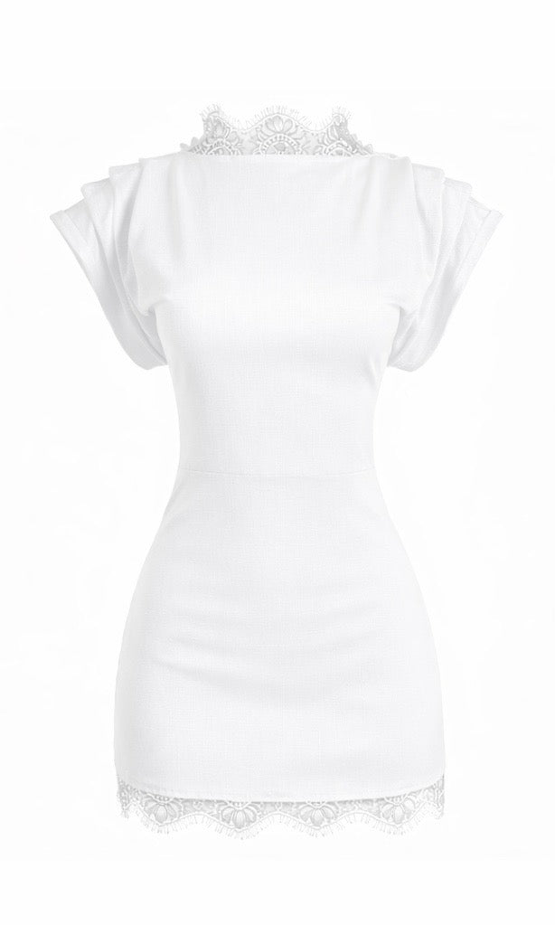 ASHA Bespoke Ruched Sleeve Chantilly Lace Trim Dress White