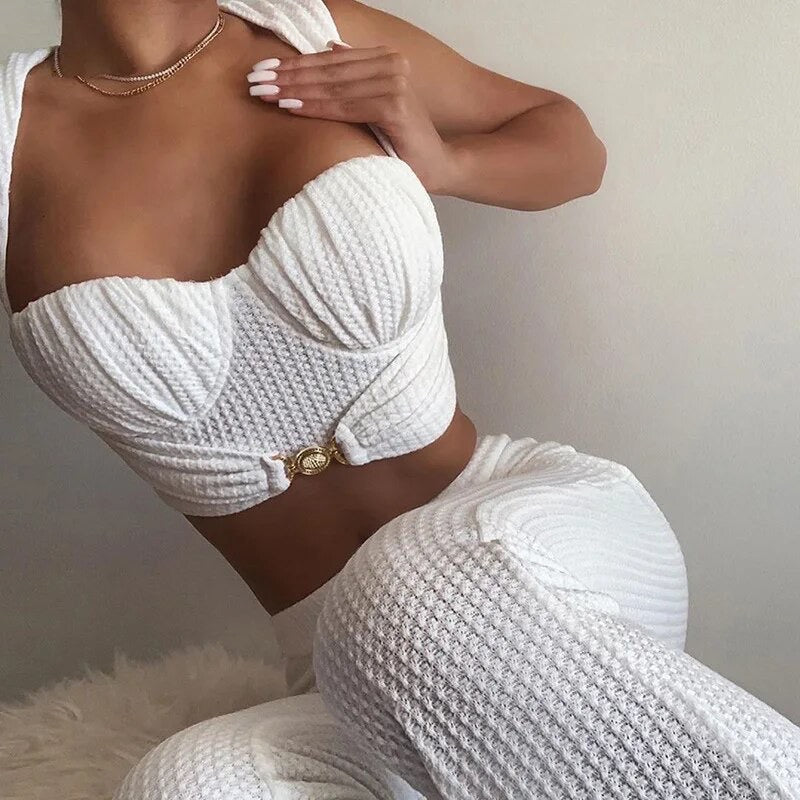 CHERISE Gold Detail Textured Knit Two Piece Lounge Set