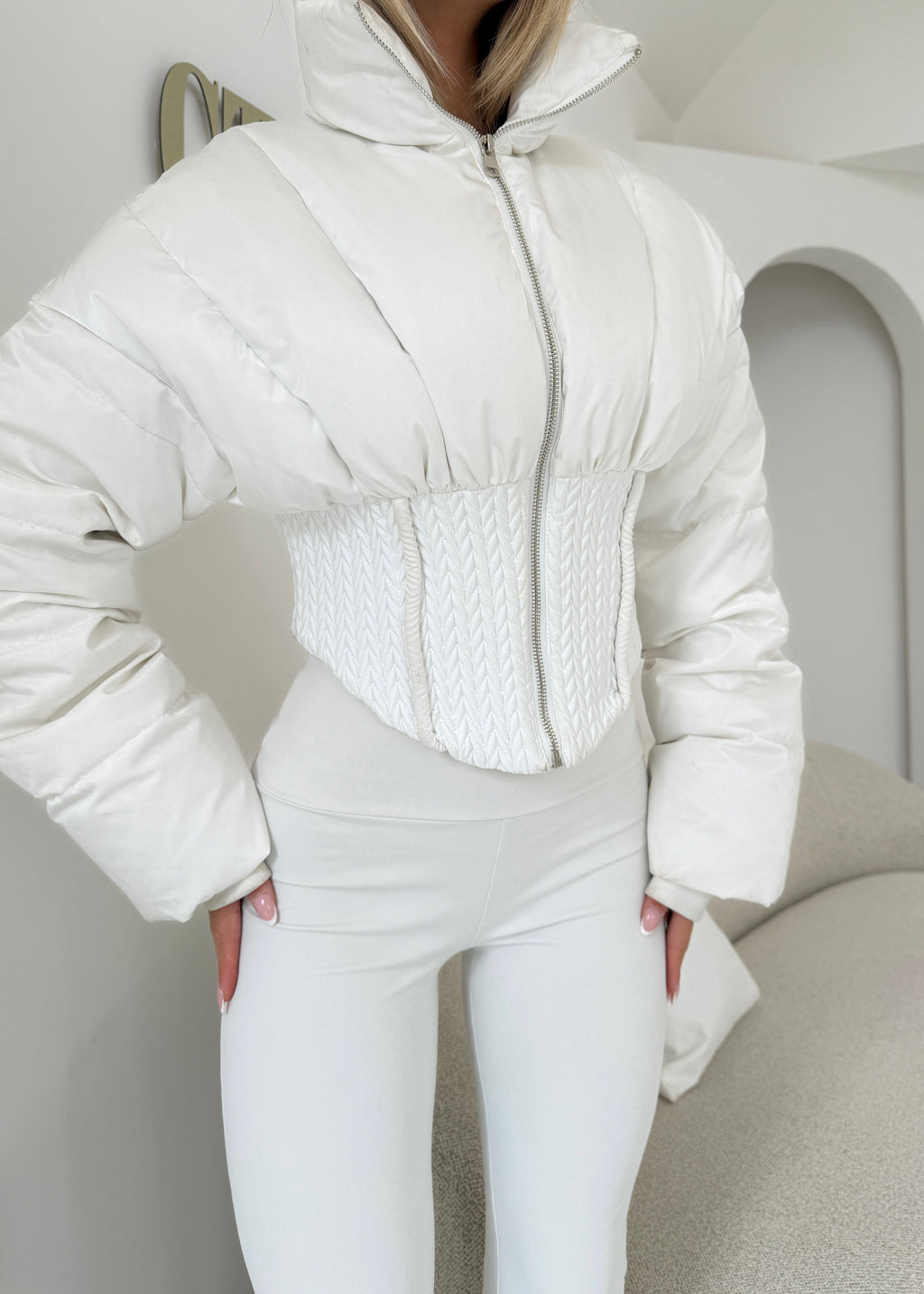 CINCH Weave Detail Corset Puffer Jacket White