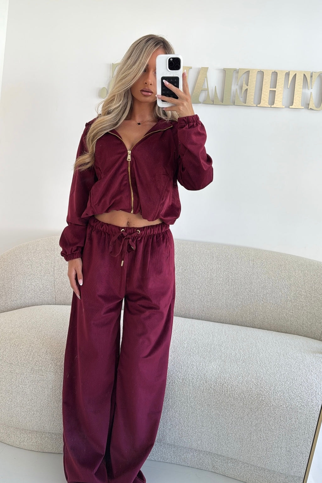 SEREN Premium Ribbed Gold Detail Tracksuit Burgundy