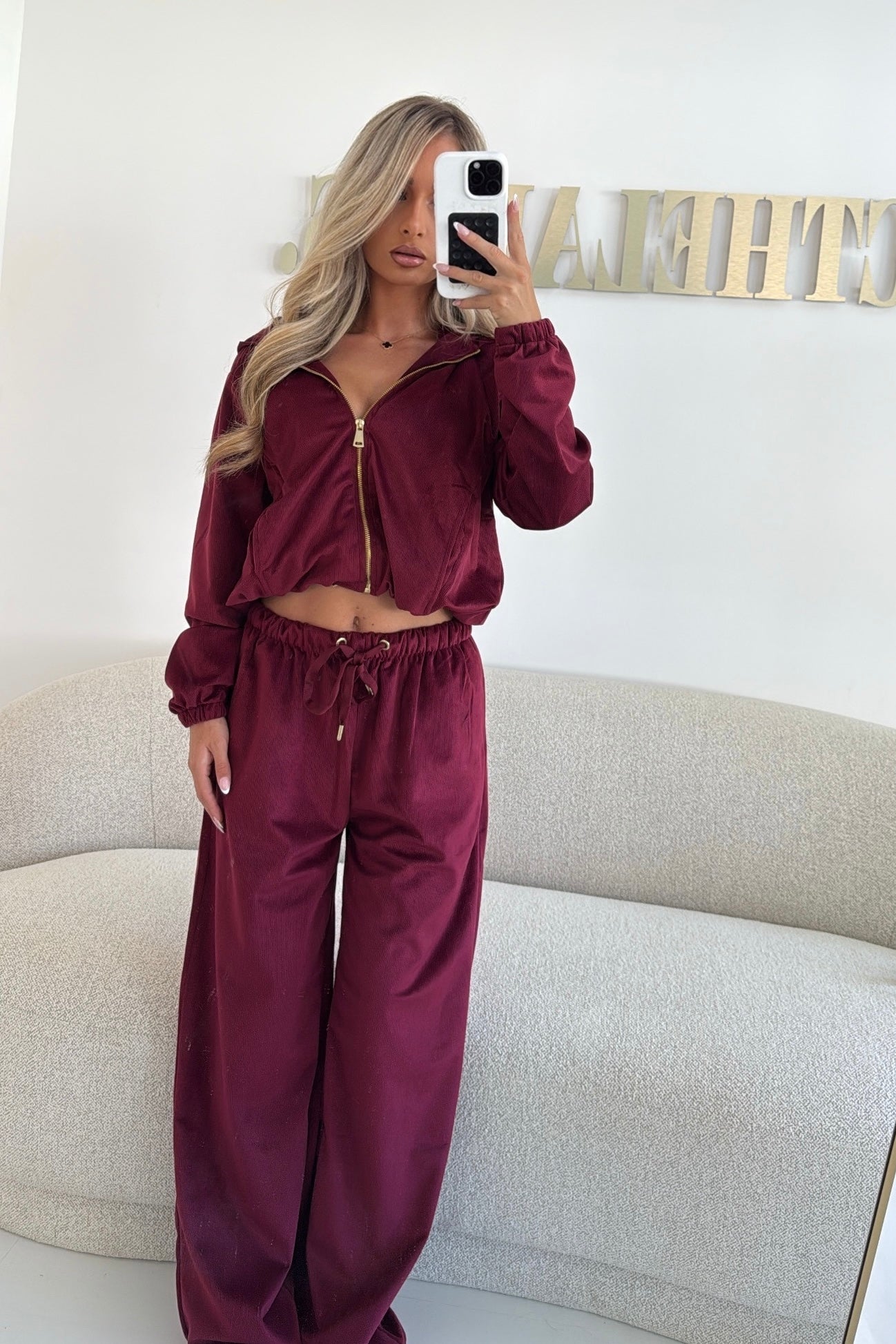 SEREN Premium Ribbed Gold Detail Tracksuit Burgundy