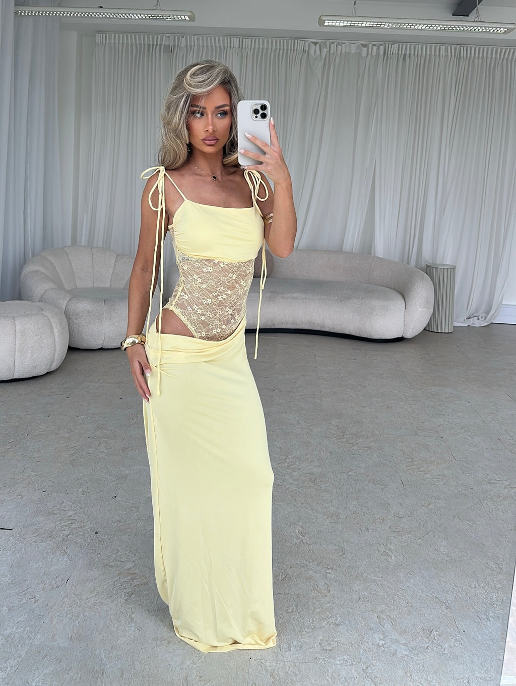 EMILLY Lace Cut Out Tie Detail Maxi Dress Lemon