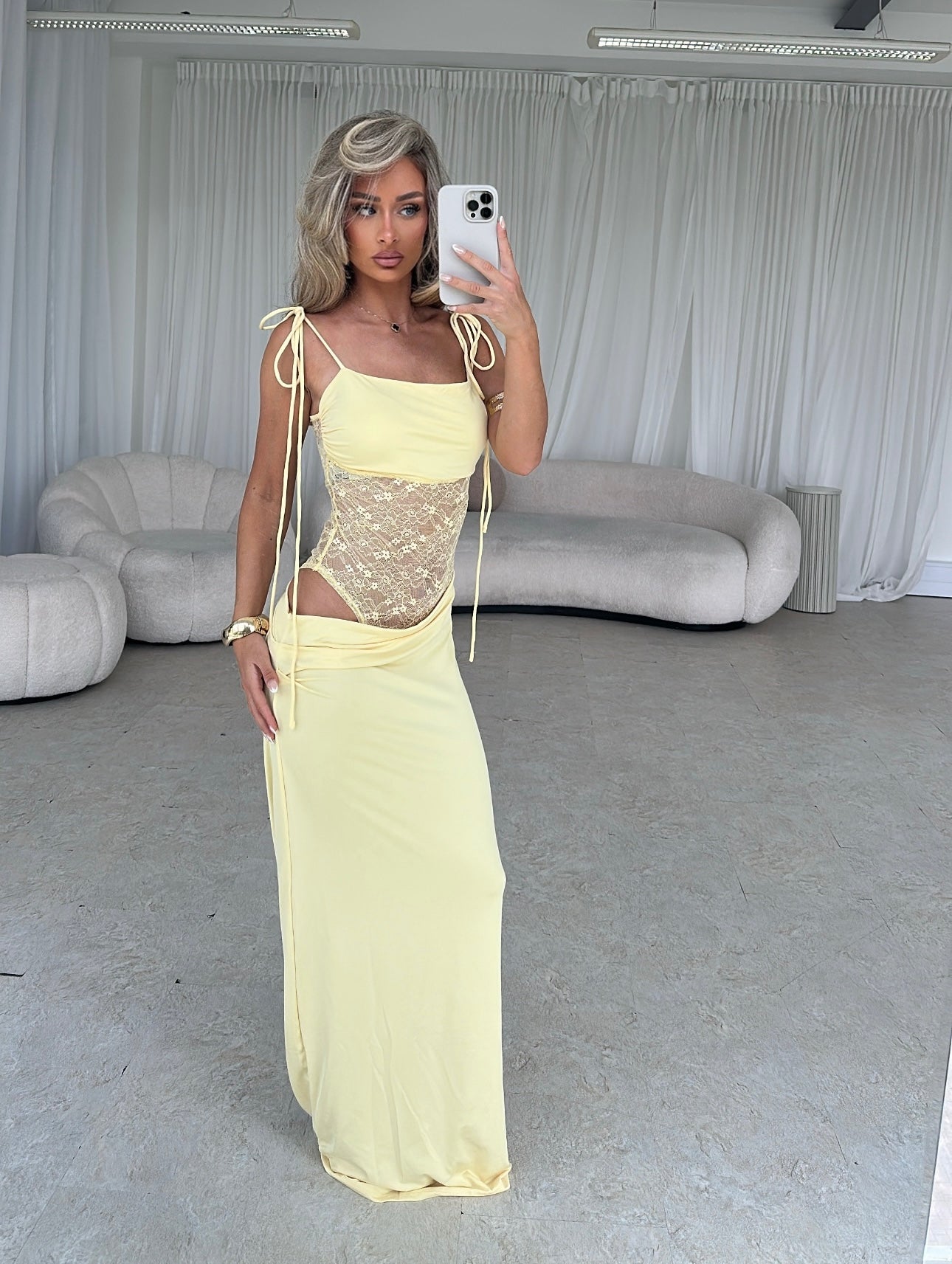EMILLY Lace Cut Out Tie Detail Maxi Dress Lemon