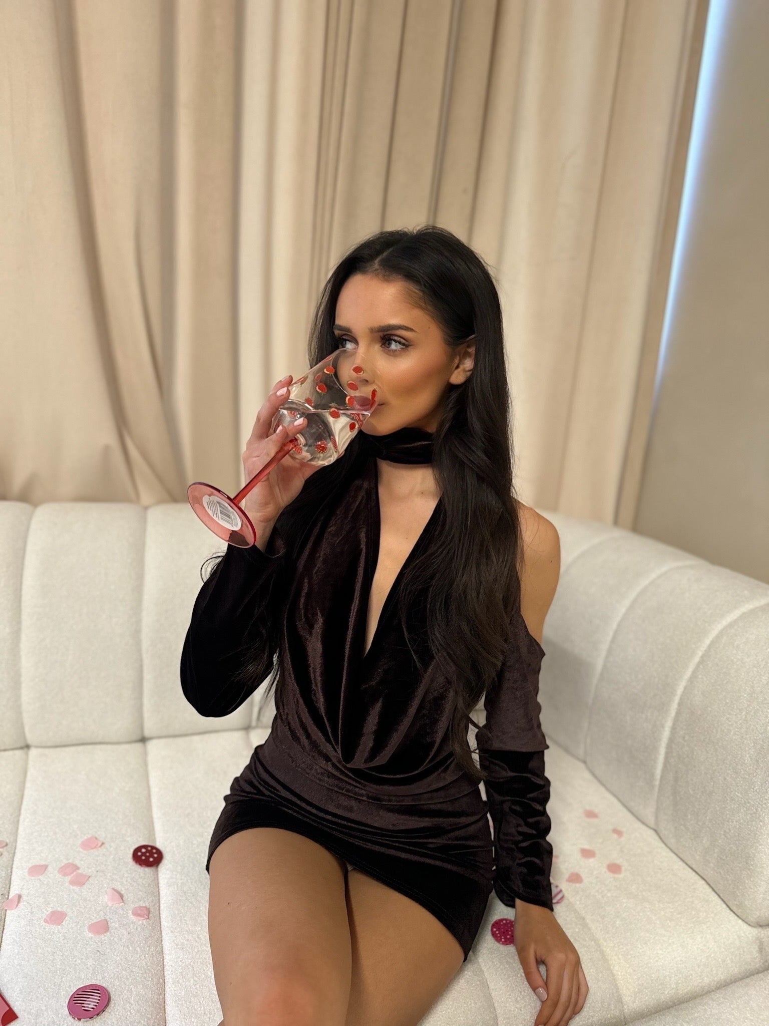 DARLINE Velvet Cowl Neck Mini Dress Brown