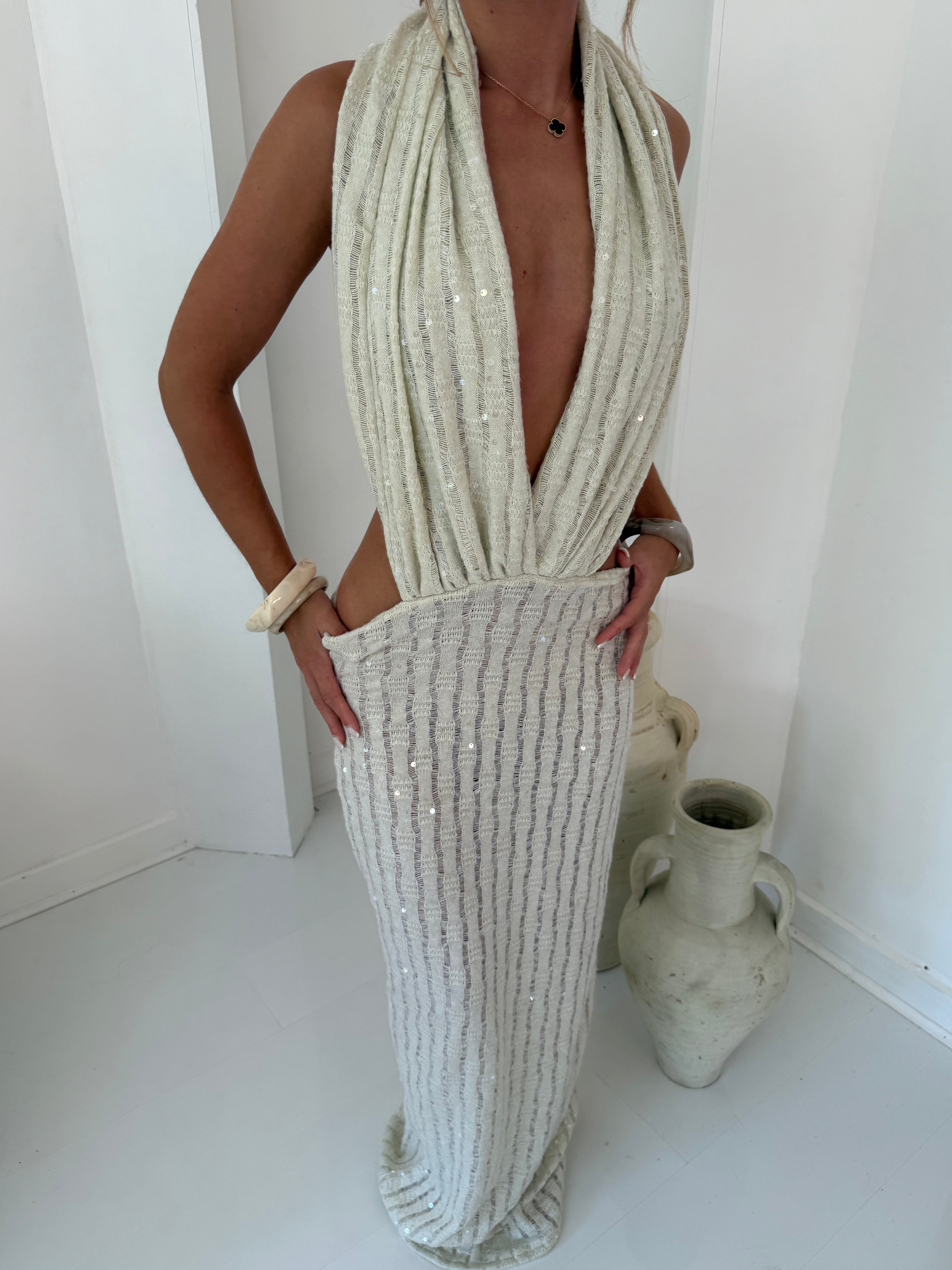 CANNES Bespoke Knit Sequin Plunge Maxi Dress Cream