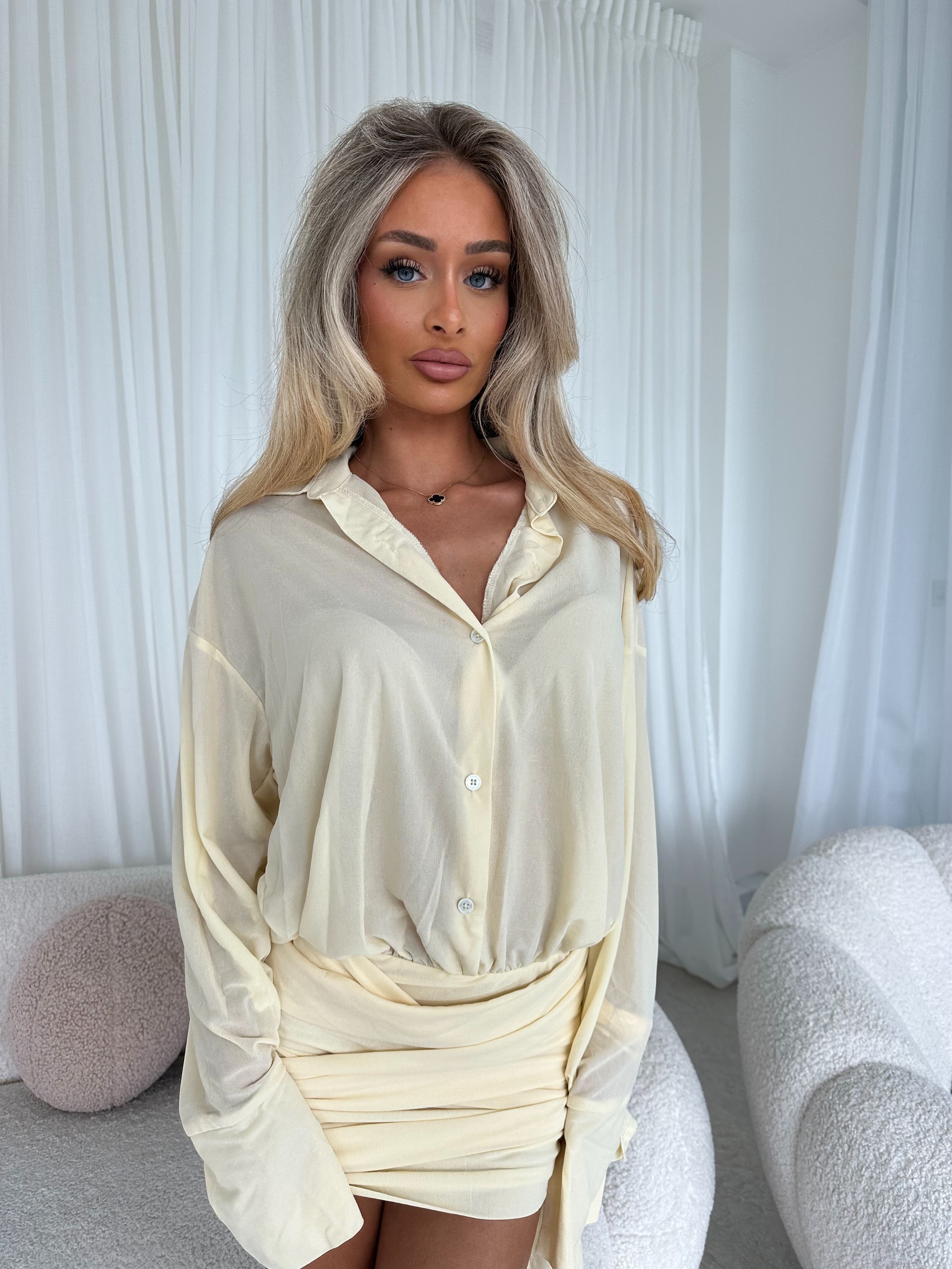 VALENTINA Chiffon Wrap Detail Shirt Dress Butter Yellow