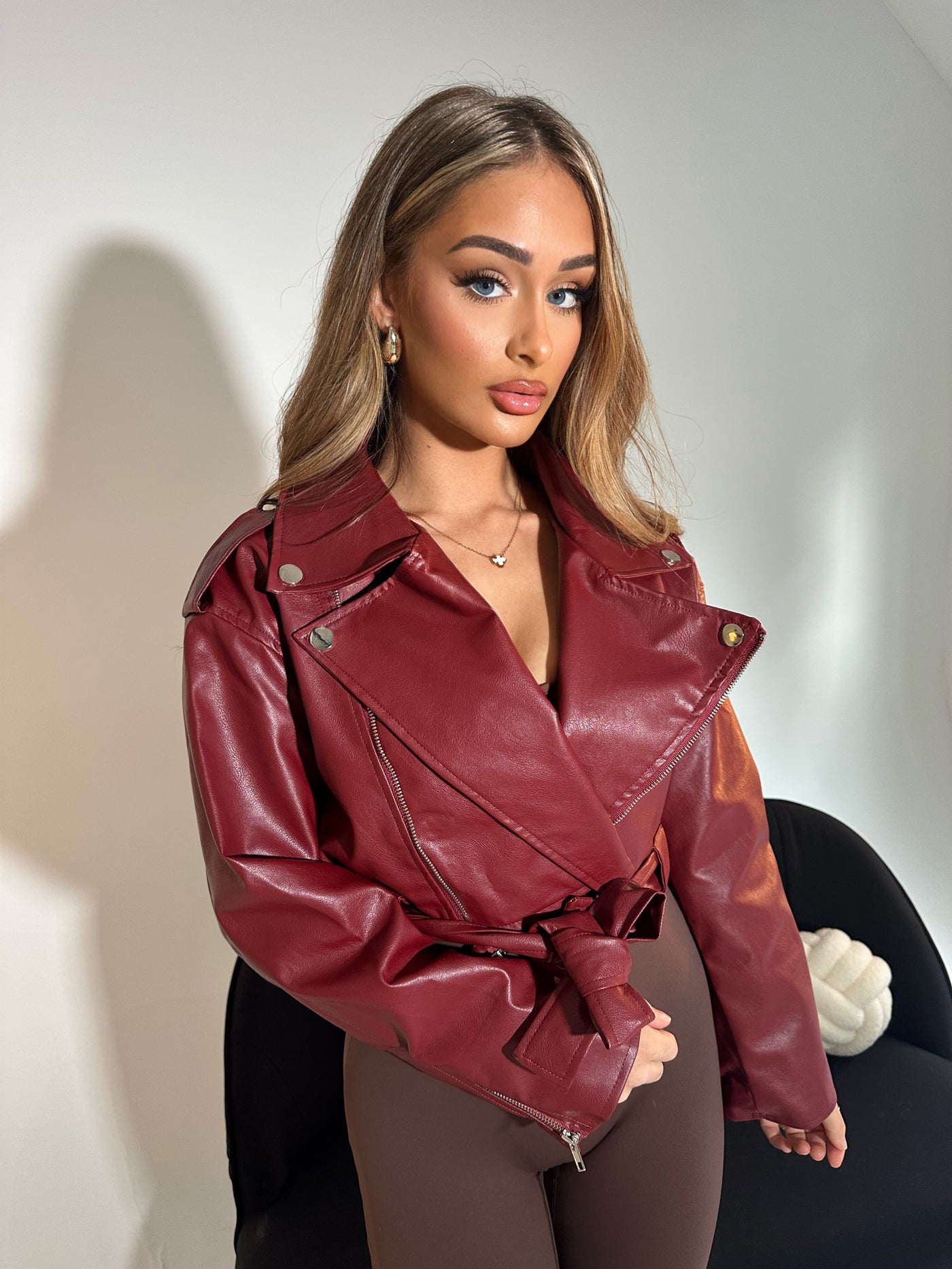 Red cropped biker jacket best sale