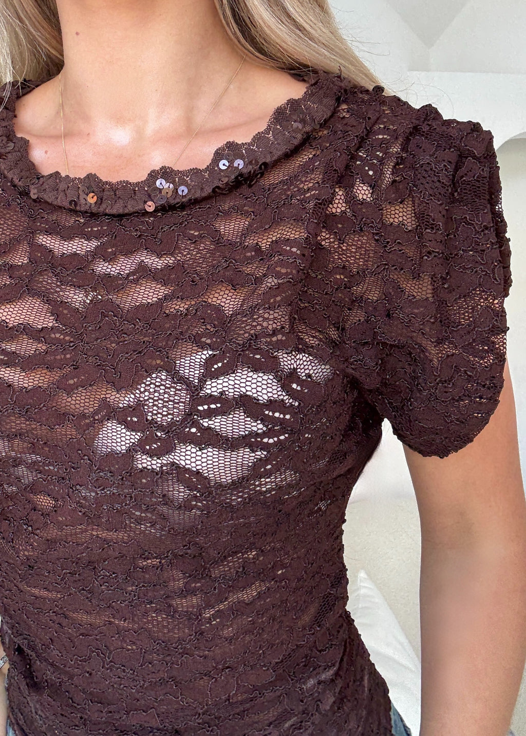 SIERA Bespoke Lace Sequin Ruched Sleeve Top Brown