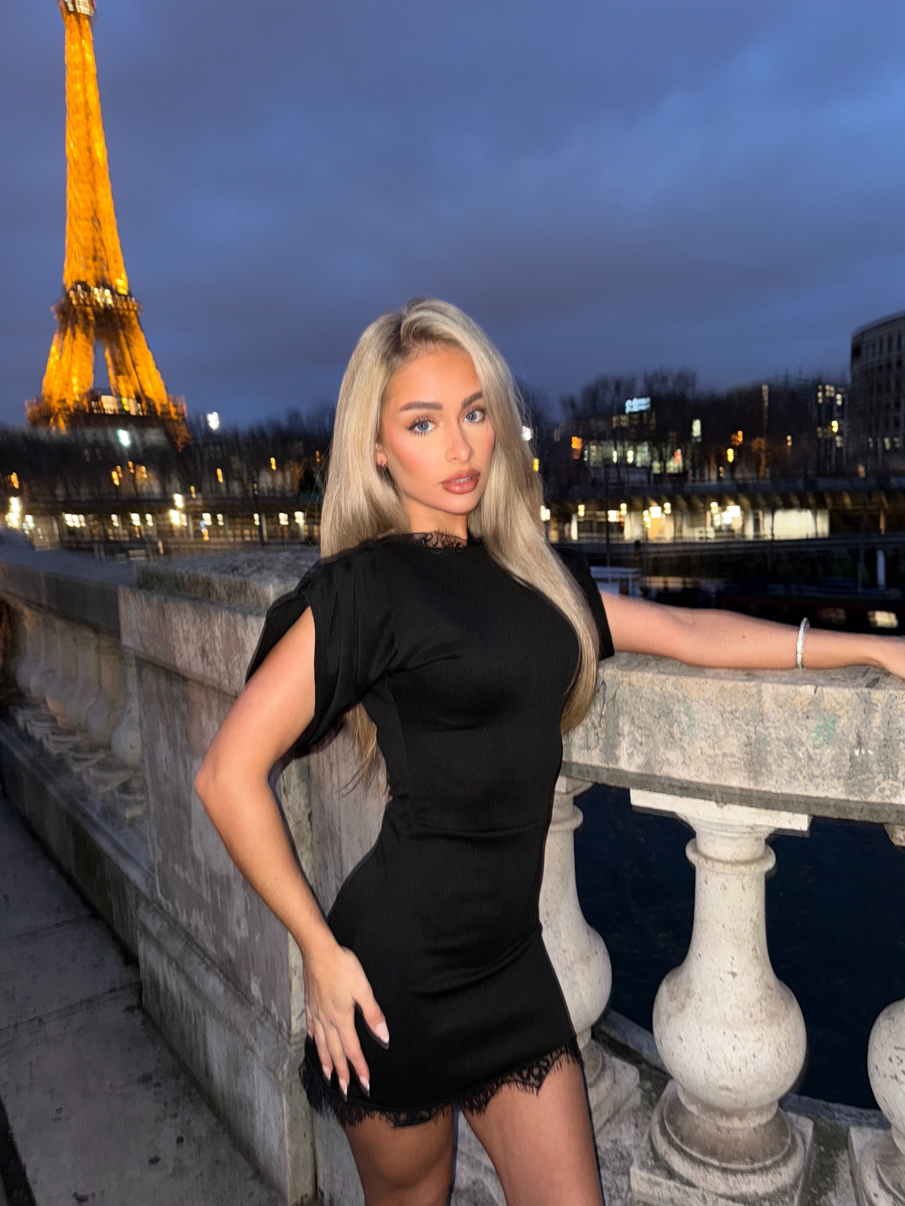 ASHA Bespoke Ruched Sleeve Chantilly Lace Trim Dress