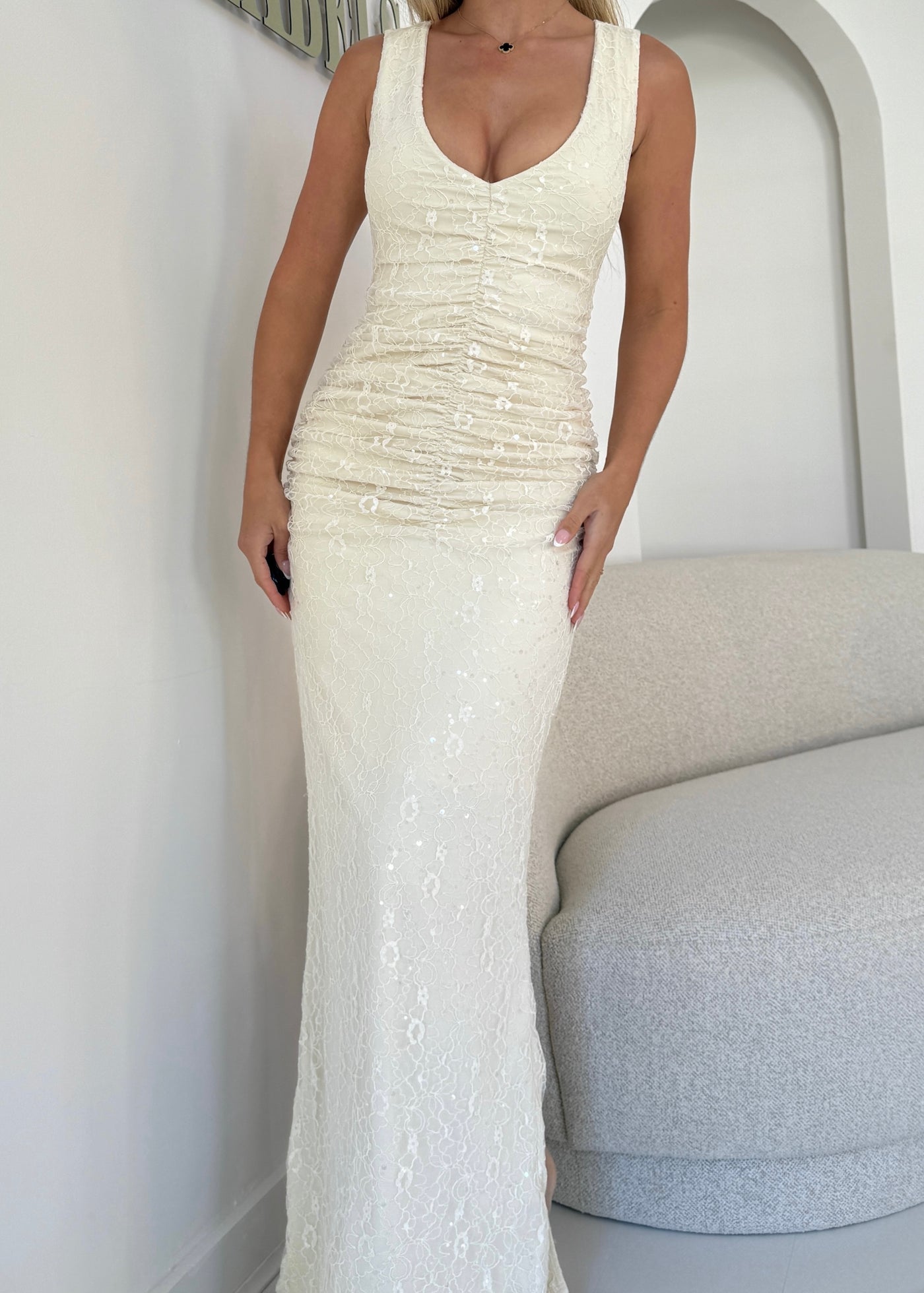 IRIS Lace Sequin Ruched Maxi Dress Ivory
