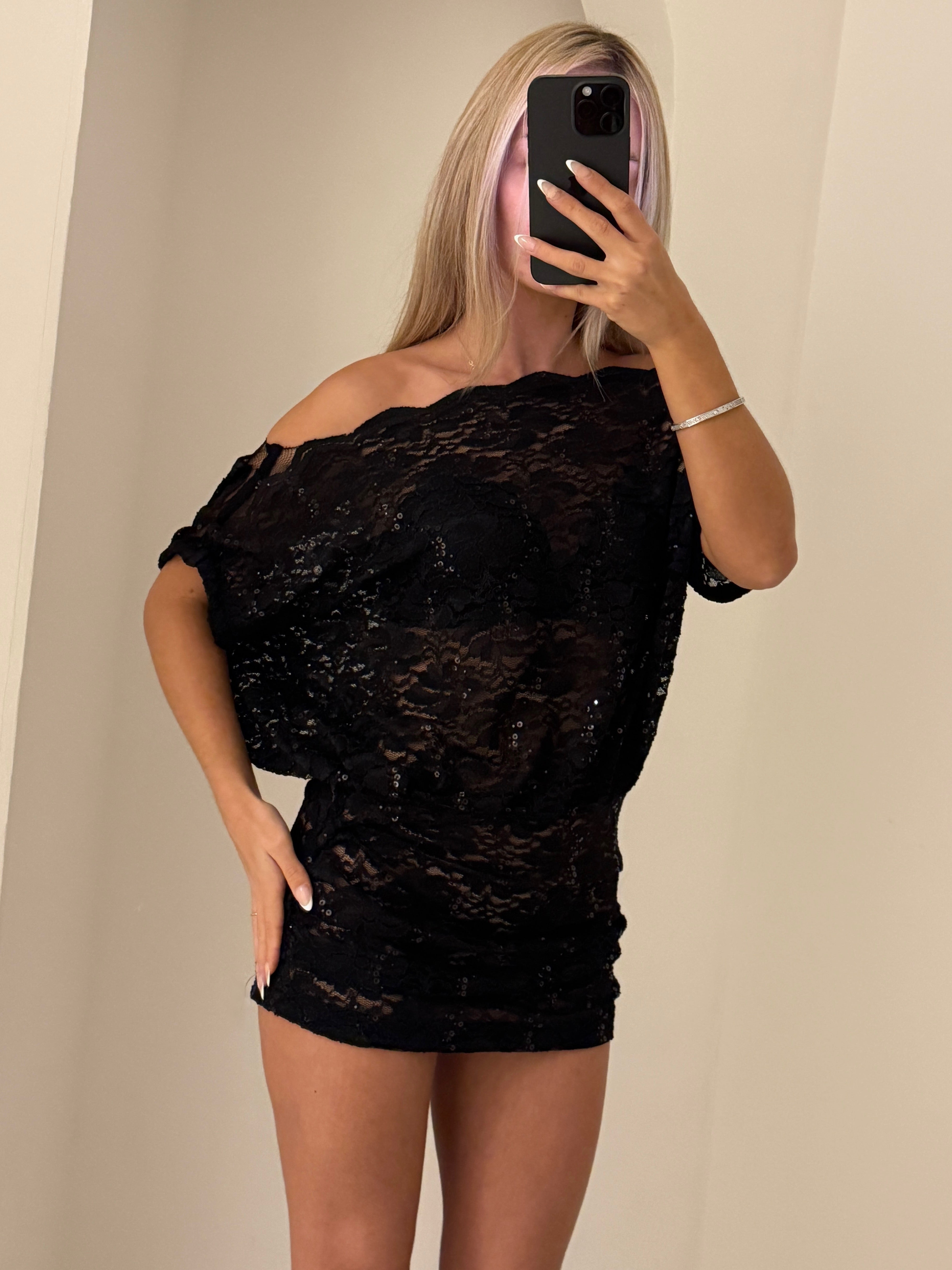 LACEY Bespoke Lace Sequin Scallop Trim Ruched Mini Dress